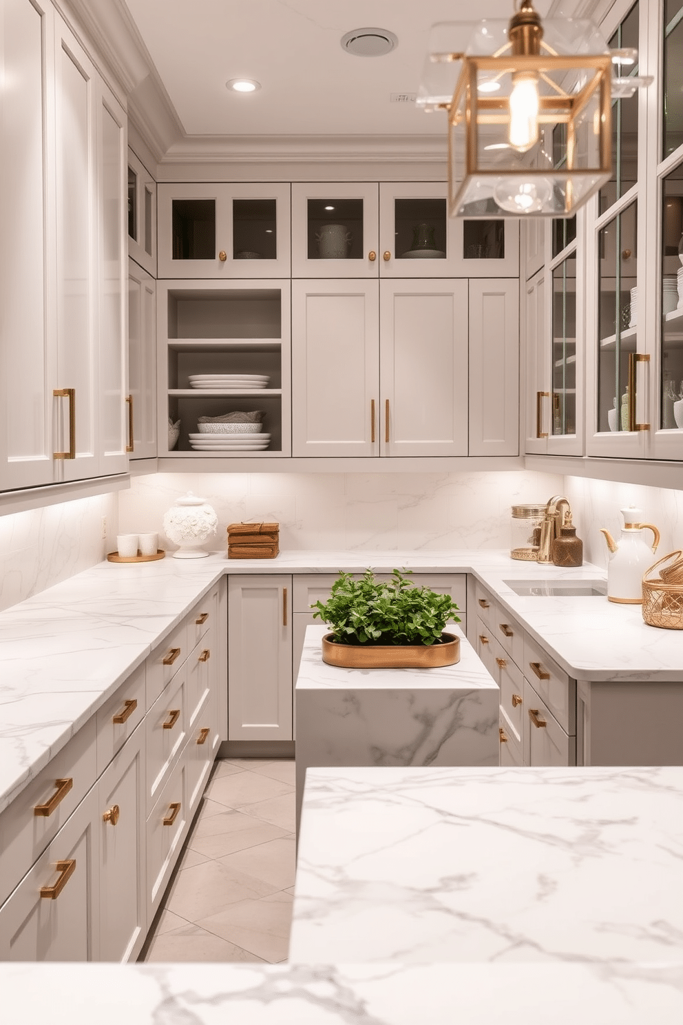 A butler pantry featuring elegant marble countertops that exude sophistication. The design includes custom cabinetry with a mix of open shelving and closed storage, complemented by stylish brass hardware. Soft, ambient lighting illuminates the space, highlighting the rich textures of the materials used. A central island provides additional prep space, adorned with decorative items and a small herb garden for a touch of greenery.