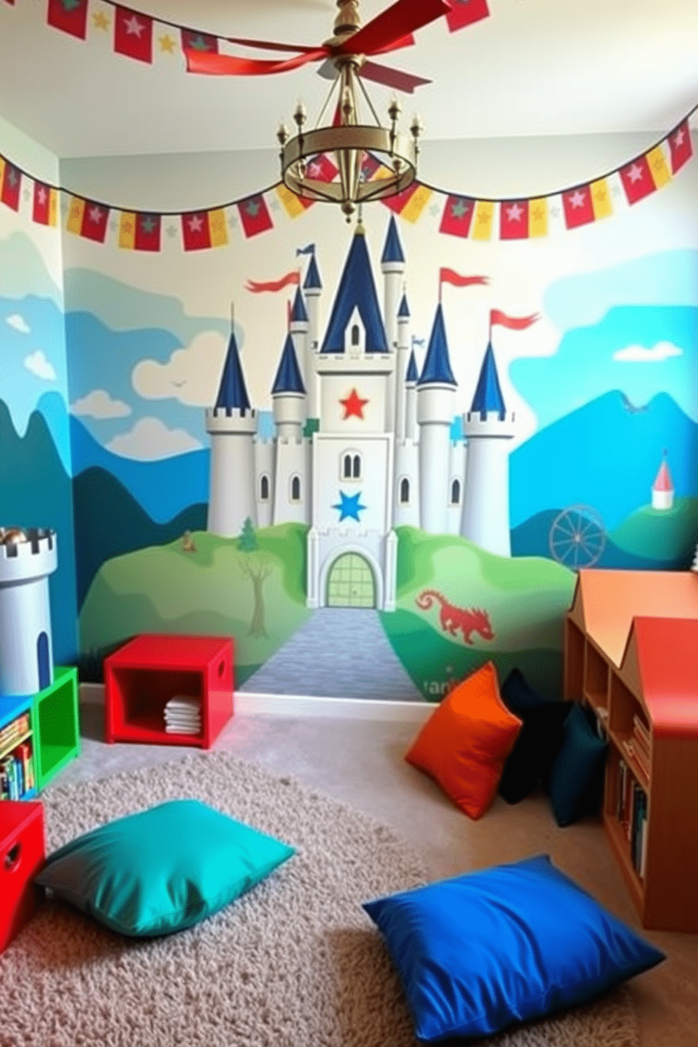 A whimsical playroom designed with castle-themed wall murals, featuring towering turrets and vibrant banners that create an enchanting atmosphere. The space includes a soft, plush carpet and colorful storage units shaped like castle towers, inviting imaginative play. The playroom is adorned with a large, painted mural of a majestic castle, complete with knights and dragons, setting a dramatic backdrop. Cozy reading nooks with oversized cushions are strategically placed to encourage storytelling and adventure in this magical environment.