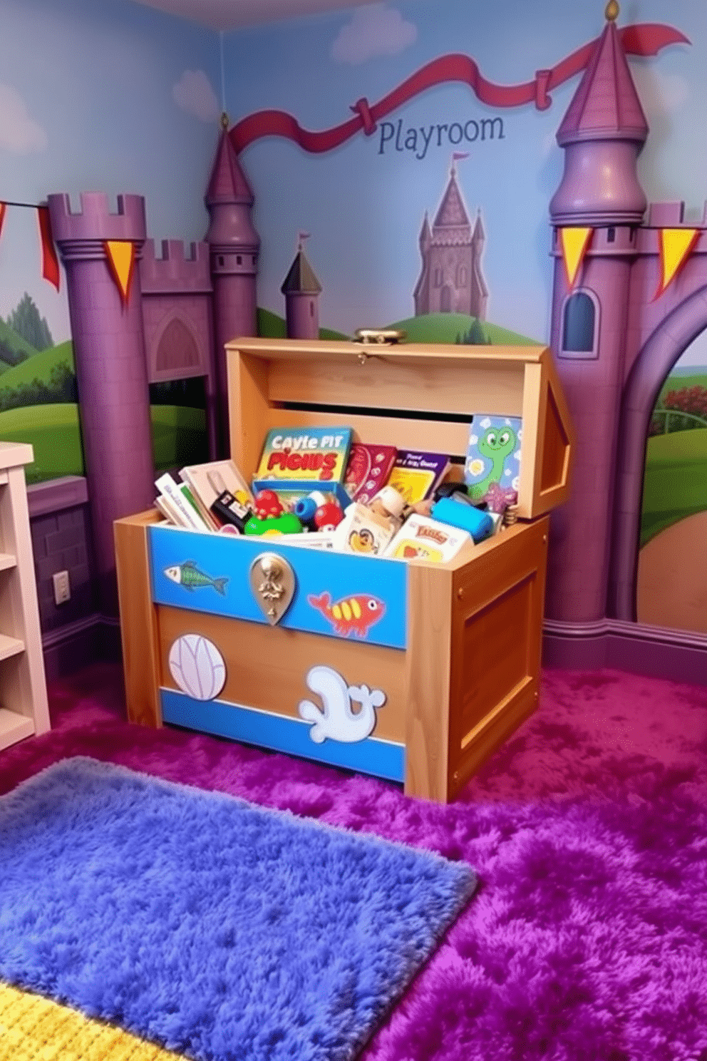 A whimsical treasure chest sits in the corner of a vibrant playroom, overflowing with colorful toys and games. The chest is crafted from sturdy wood, painted in a cheerful shade of blue, and features playful illustrations of sea creatures. The playroom is designed to resemble a magical castle, complete with turrets and banners adorning the walls. Soft, plush carpets in shades of purple and gold create a cozy area for children to sit and play, while a mural of a fairytale landscape brings the space to life.