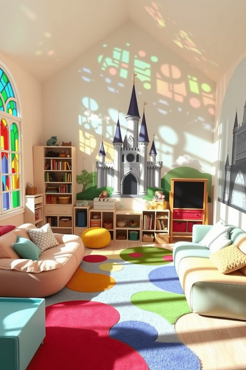 A vibrant playroom filled with imaginative designs featuring colorful stained glass window stickers that cast playful shadows on the walls. The room is adorned with soft, plush seating, a whimsical rug, and shelves filled with toys and books, creating a cheerful and inviting atmosphere for children to explore and create. The walls are painted in a light pastel hue to enhance the brightness from the stained glass, while a large mural of a castle adds a magical touch. Interactive elements like a chalkboard wall and a small stage for performances encourage creativity and play in this enchanting castle-themed playroom.