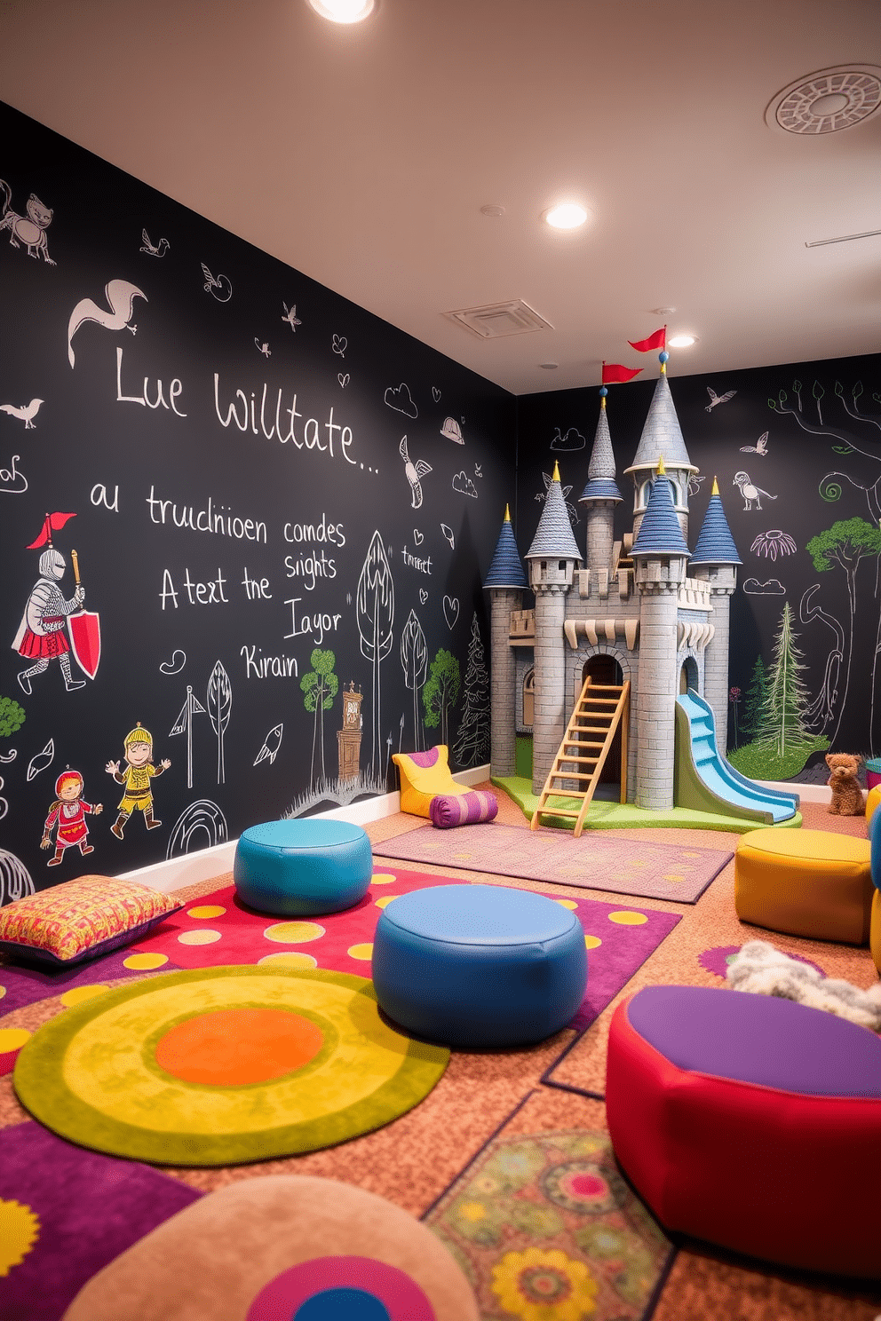 A vibrant playroom designed for children, featuring an interactive wall coated in chalkboard paint, inviting creativity and imagination. The space is filled with colorful rugs, plush seating, and playful furniture that encourages exploration and fun. In one corner, a castle-themed play structure rises, complete with turrets and slides, creating a magical atmosphere. Surrounding the play area, whimsical wall decals depict knights, dragons, and enchanted forests, enhancing the adventurous spirit of the room.