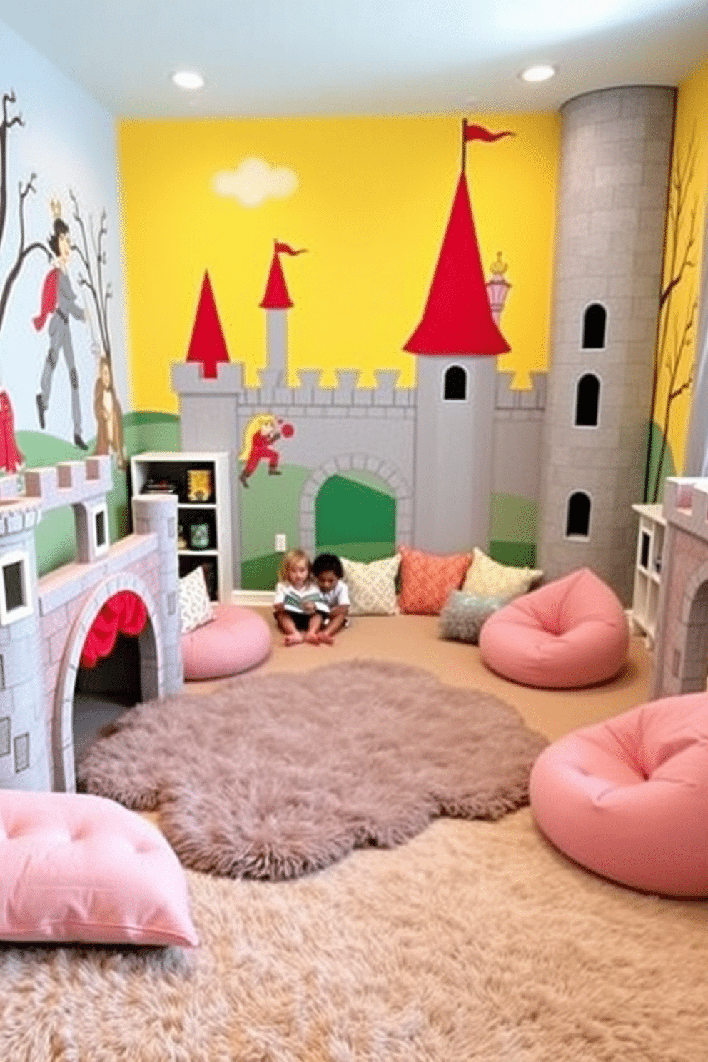 A whimsical playroom designed around a castle theme. The space features soft, plush rugs shaped like turrets and drawbridges, providing a cozy area for children to play and imagine. Brightly colored walls adorned with murals of knights and princesses create an enchanting atmosphere. Comfortable seating in the form of oversized cushions and bean bags invites kids to relax and enjoy storytime in their magical castle retreat.