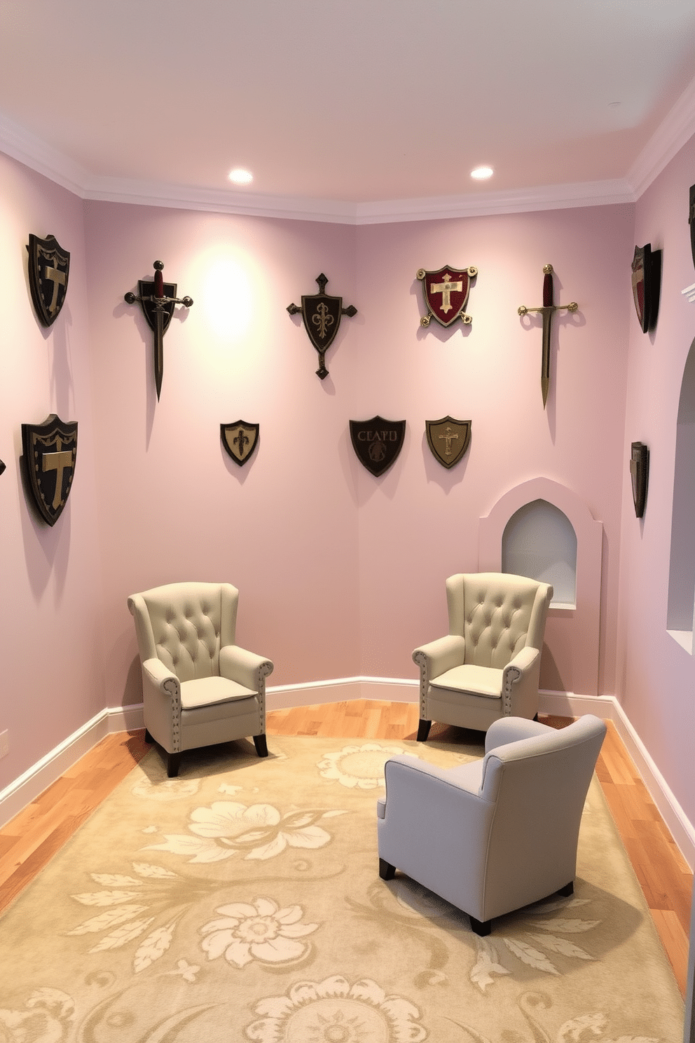 A whimsical playroom designed to resemble a castle, featuring decorative shields and swords mounted on the walls. The room is painted in soft pastel colors, with a plush carpet resembling a royal tapestry, and cozy seating areas shaped like throne chairs.