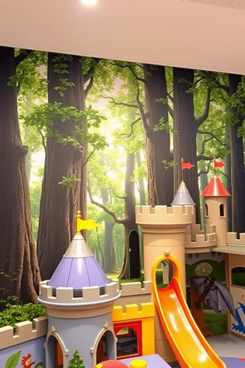 A magical forest backdrop for role-playing, featuring towering trees with lush green foliage and soft, dappled sunlight filtering through the leaves. Enchanted creatures peek from behind the trunks, adding a whimsical touch to the immersive environment. A castle playroom designed with vibrant colors and playful elements, showcasing a turret-style play area with a slide and climbing wall. The walls are adorned with murals of knights and dragons, creating an adventurous atmosphere for imaginative play.