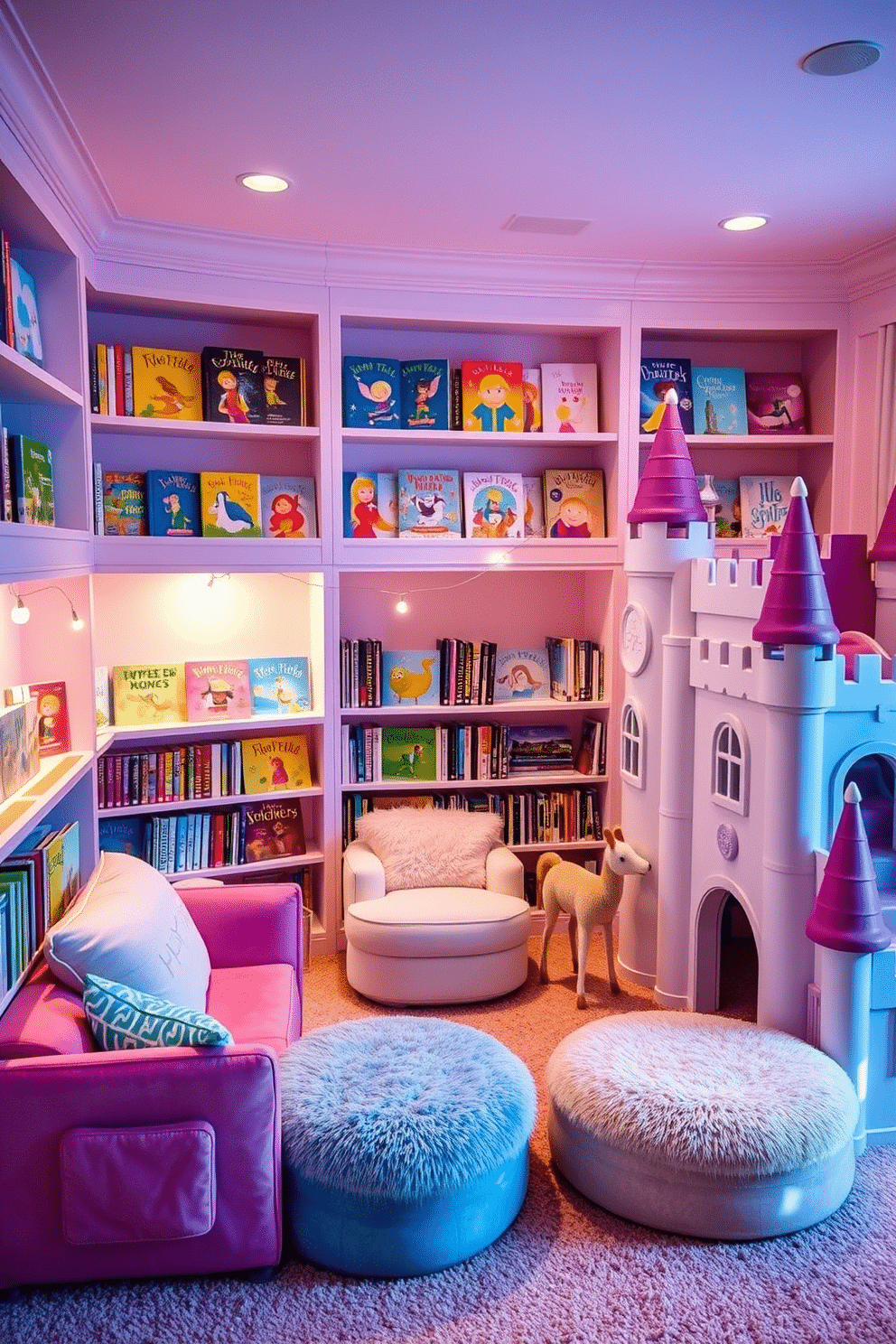 A whimsical playroom designed for children, featuring shelves filled with colorful fairy tale books. The walls are painted in soft pastel colors, and plush seating is arranged in cozy nooks for reading and storytelling. The room includes a castle-themed play structure with turrets and slides, inviting imaginative adventures. Decorative elements like fairy lights and themed artwork enhance the enchanting atmosphere, making it a magical retreat for young readers.