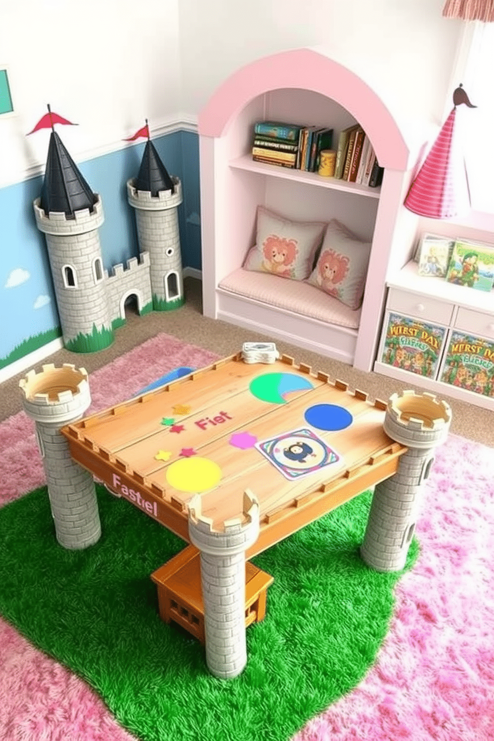 A whimsical castle-themed table for arts and crafts, featuring a sturdy wooden surface adorned with vibrant colors and playful designs. Surrounding the table are miniature turrets and battlements, creating an imaginative space for creativity and fun. The castle playroom design includes soft, plush carpets resembling grassy fields, with walls painted in pastel shades of blue and pink. A cozy reading nook with fairy tale books and themed cushions invites children to explore their imagination in this enchanting setting.