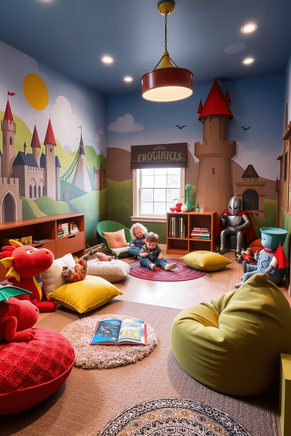 A whimsical playroom designed for children, featuring vibrant colors and imaginative elements. The room is filled with plush pillows shaped like dragons and knights, creating a playful atmosphere for storytelling and adventures. The walls are adorned with murals of castles and fantasy landscapes, inspiring creativity and exploration. Cozy reading nooks with soft rugs and bean bags invite children to dive into their favorite books amidst the enchanting decor.