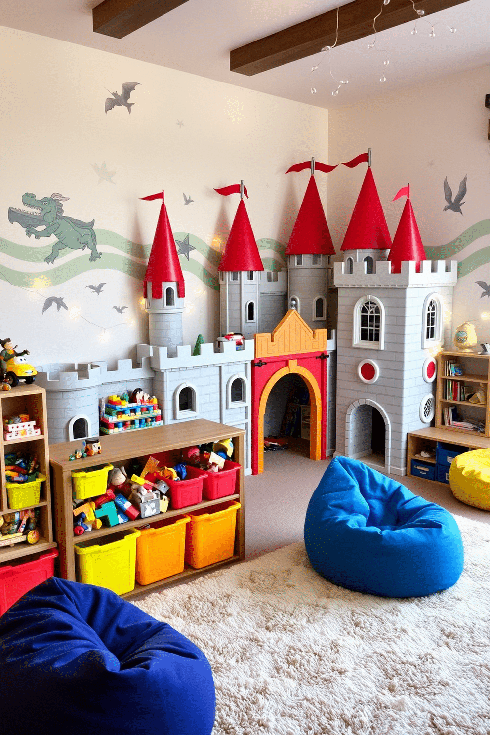 A whimsical playroom featuring a colorful toy castle set, complete with turrets and drawbridges, encourages imaginative play. The walls are adorned with playful murals of knights and dragons, while plush rugs provide a soft play area. Brightly colored storage bins are neatly arranged to hold various building blocks and toys, promoting organization and creativity. A cozy reading nook with bean bags and fairy lights invites children to relax and enjoy their favorite stories.