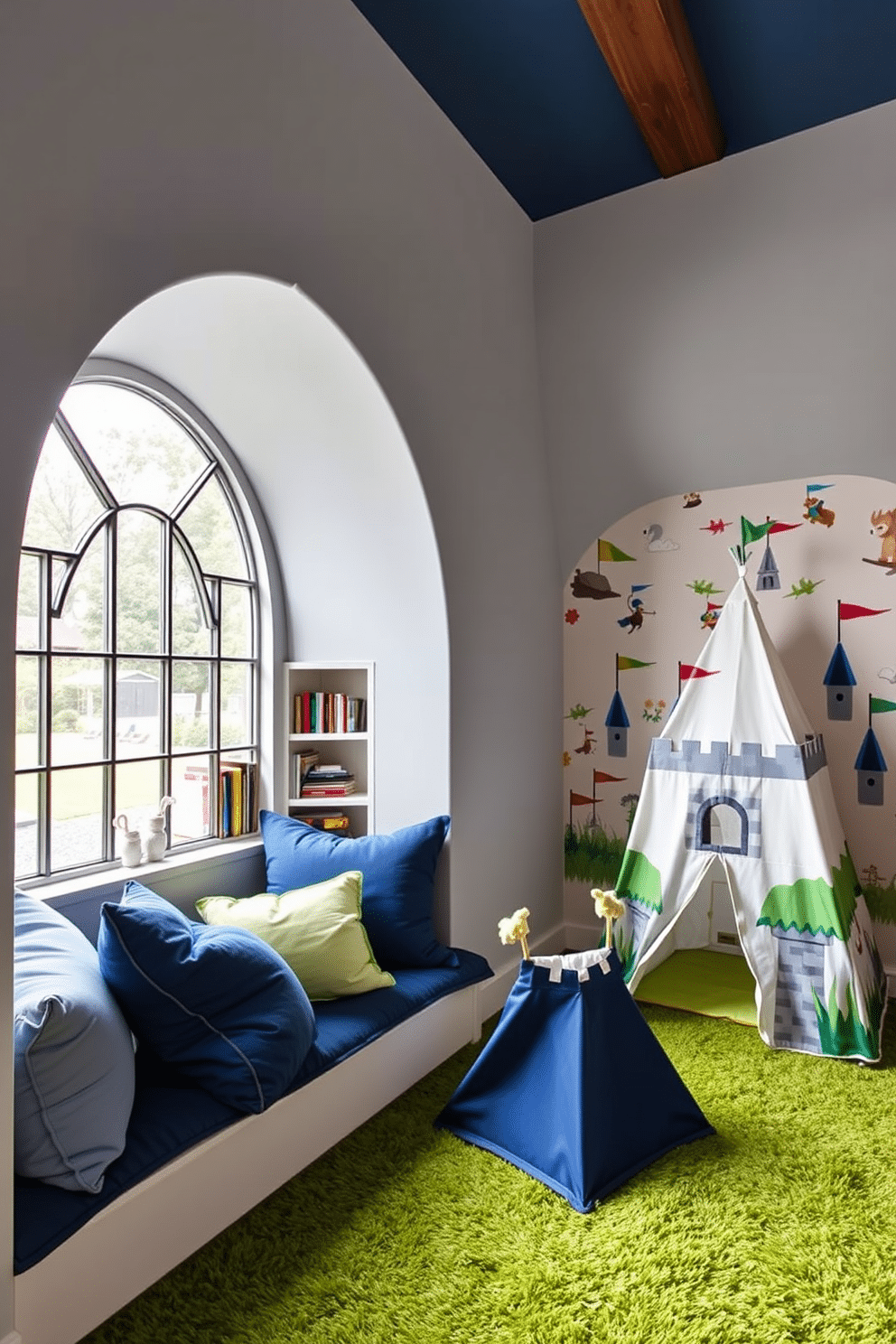 A turret-style reading nook featuring plush, oversized cushions in varying shades of blue and green. The nook is illuminated by a large arched window, offering a panoramic view of the garden outside, with built-in bookshelves lining the curved walls. A whimsical castle playroom designed for imaginative play, with a soft carpet resembling a grassy meadow. The room is adorned with colorful wall decals of castles and knights, and features a play tent shaped like a castle, complete with flags and turrets.