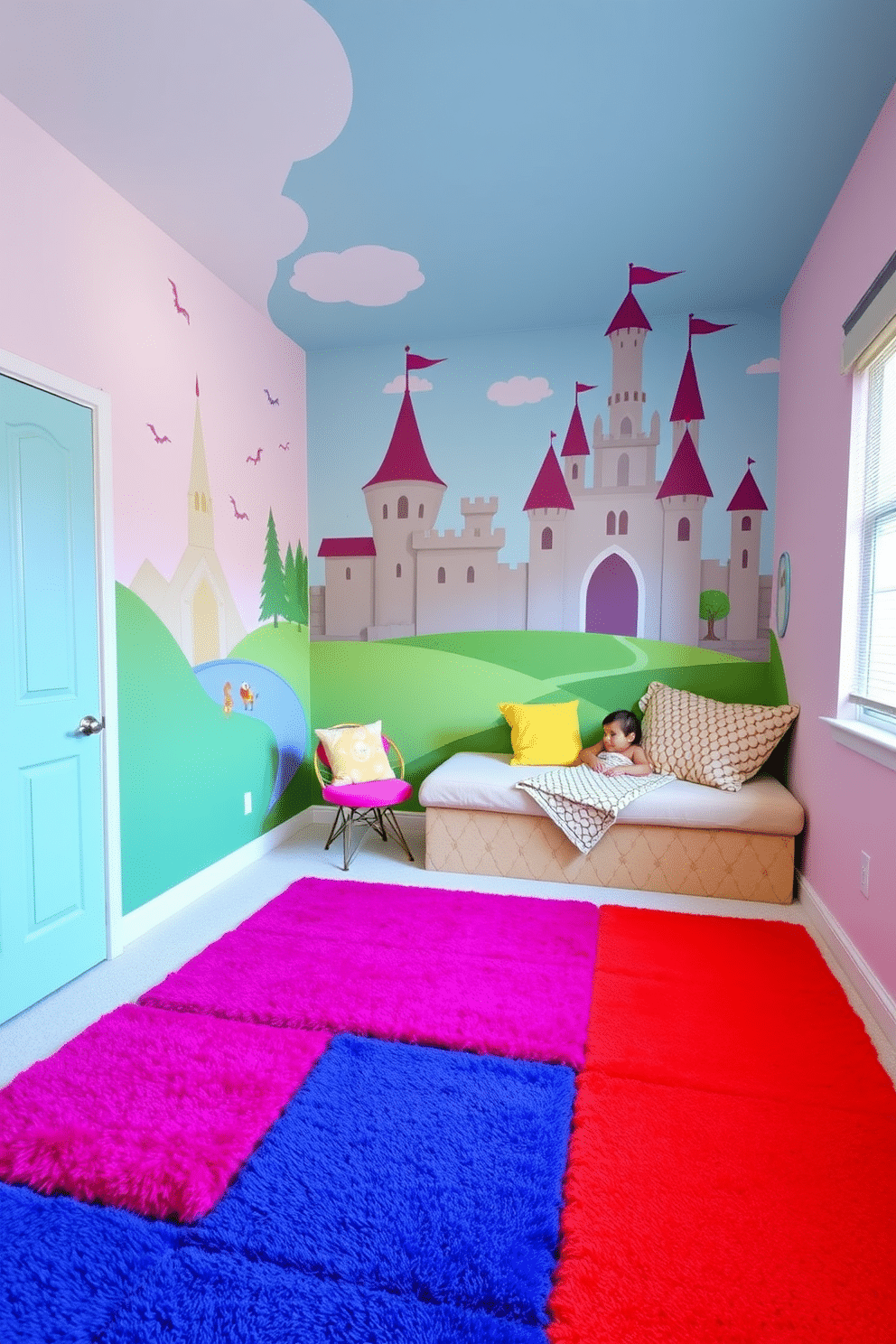 A whimsical playroom designed for children, featuring soft, plush floor mats in bright colors for safe playtime. The walls are adorned with playful castle murals, and a cozy reading nook with oversized cushions invites imaginative adventures.