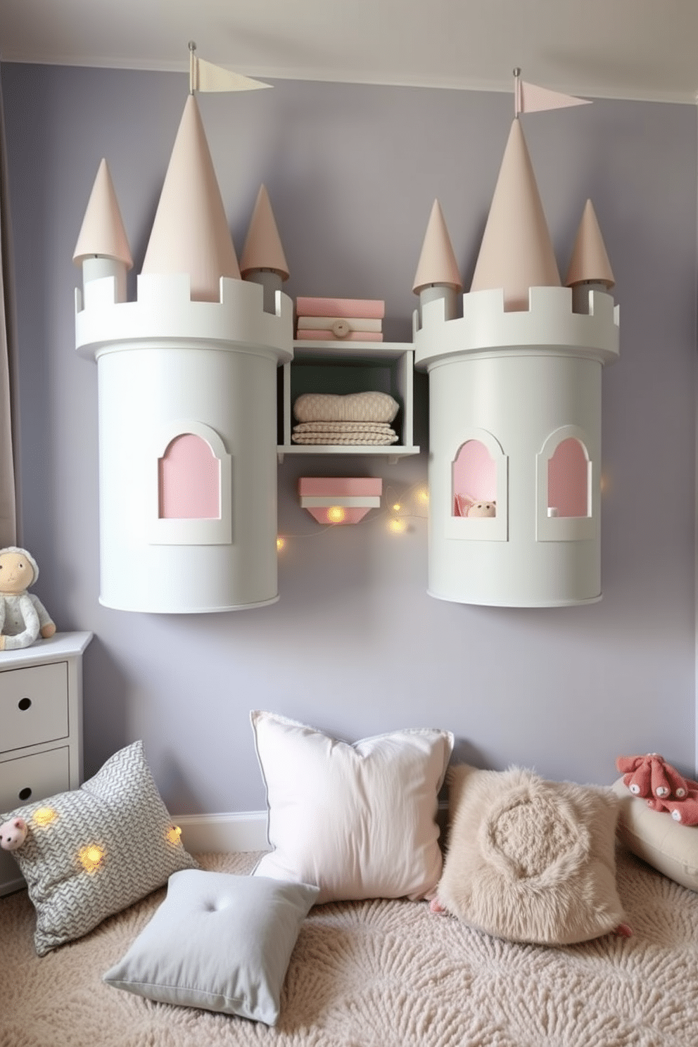 A whimsical playroom featuring wall-mounted castle turrets designed for storage. The turrets are painted in soft pastels, adorned with playful flags, and are complemented by a cozy reading nook with plush cushions and fairy lights.