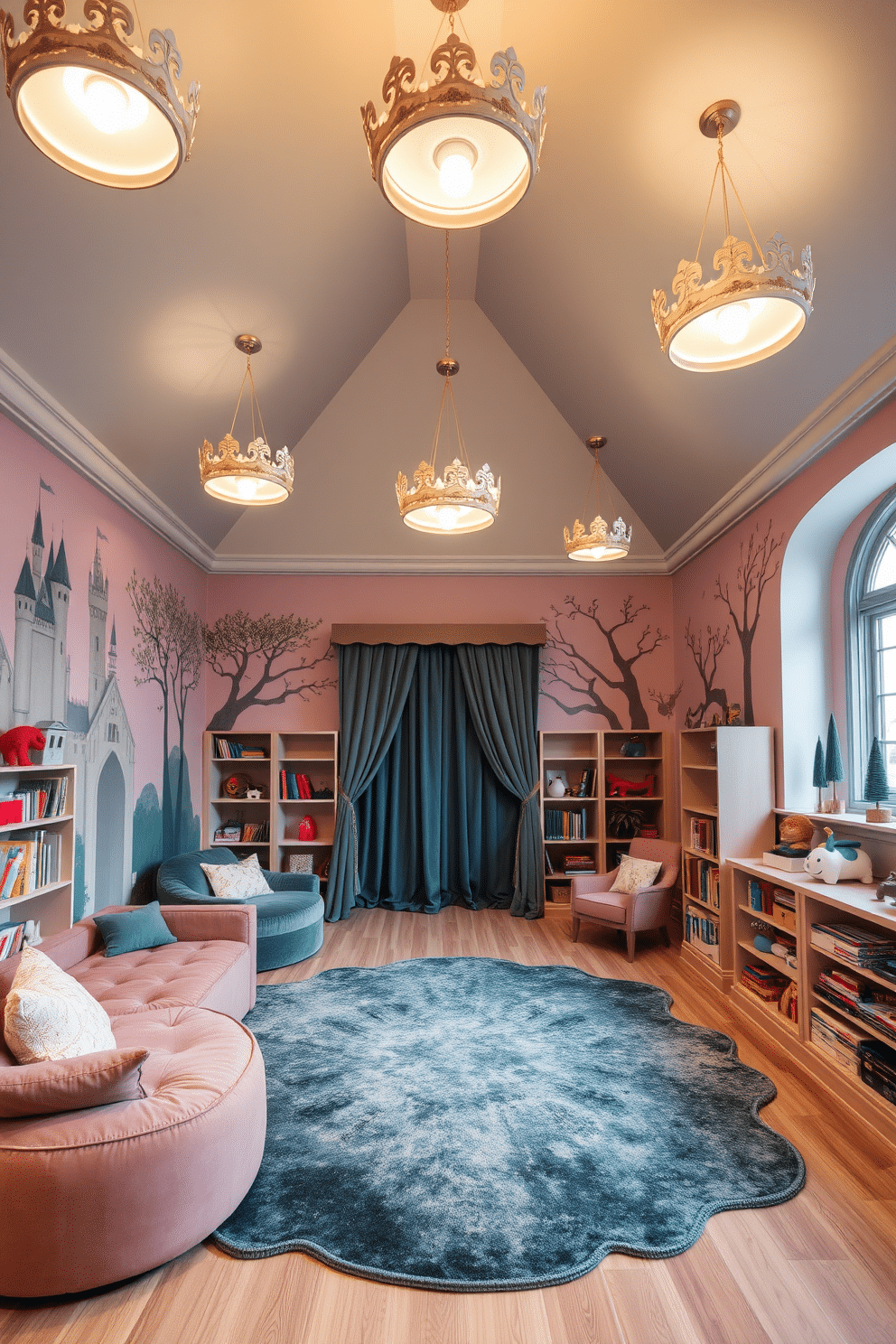 A whimsical playroom designed for a castle theme, featuring high ceilings adorned with crown-shaped light fixtures that cast a warm, inviting glow. The walls are painted in soft pastel colors, with murals of castles and enchanted forests, creating a magical atmosphere for children to explore and play. The room includes plush seating areas with fairy-tale-inspired cushions and a large, soft rug that resembles a dragon scale. Shelves are filled with books and toys, while a small stage area with a velvet curtain encourages imaginative play and storytelling.