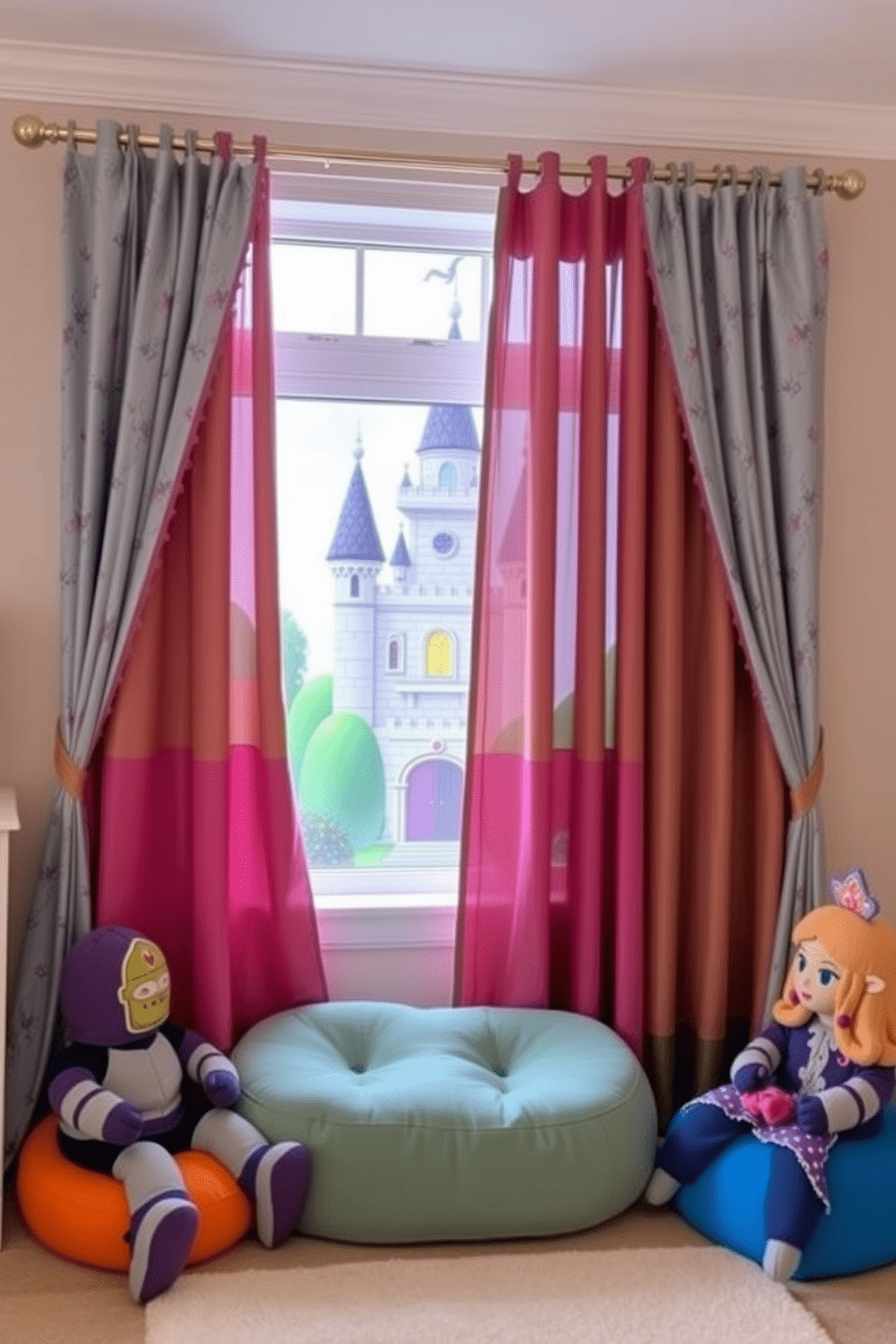 A whimsical playroom designed around a castle theme features playful curtains and drapes adorned with vibrant colors and enchanting patterns. The walls are painted in soft pastels, with a large mural of a fairytale castle that inspires imagination and creativity. The curtains are made of lightweight fabric, allowing natural light to filter through while providing a sense of privacy. Plush seating in the shape of knights and princesses complements the decor, inviting children to engage in imaginative play.