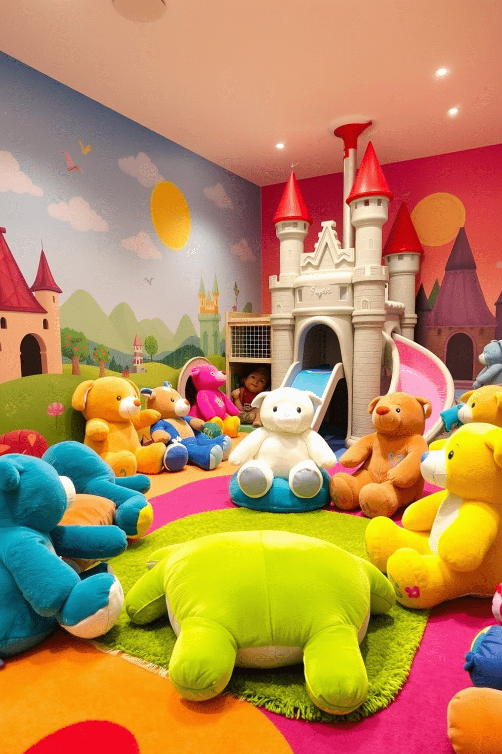 A whimsical playroom designed for children, featuring giant plush toys scattered throughout the space to create a cozy and inviting atmosphere. The walls are painted in vibrant colors, with playful murals depicting castles and fantasy landscapes that inspire imagination and adventure. In one corner, a large castle-themed play structure serves as the focal point, complete with slides and climbing areas for endless fun. Soft, colorful rugs cover the floor, providing a comfortable area for playtime and storytelling sessions with friends.