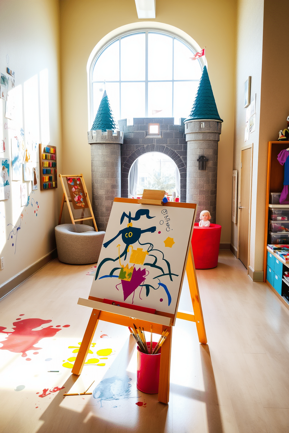 A vibrant art easel stands in the corner of a sunlit room, surrounded by splashes of colorful paint and brushes ready for use. The walls are adorned with children's artwork, creating an inspiring atmosphere that encourages creativity and self-expression. The castle playroom features whimsical turrets and a drawbridge entrance, inviting children into a world of imagination. Inside, plush seating areas and playful decor, like knight and princess costumes, create a magical space for storytelling and adventure.