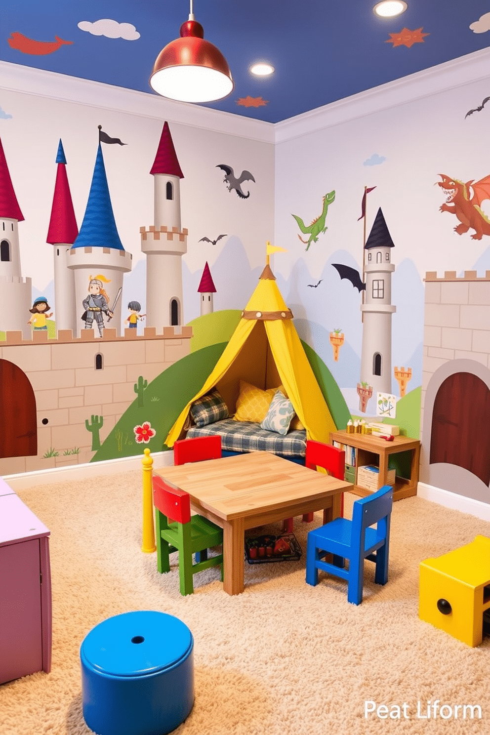 A whimsical playroom designed for children, featuring interactive castle-themed wall stickers that create a magical atmosphere. The walls are adorned with vibrant colors, showcasing turrets, knights, and dragons, while the floor is covered with a soft, plush carpet for comfort during playtime. In one corner, a cozy reading nook is created with a small tent and cushions, inviting kids to immerse themselves in stories of adventure. A wooden play table in the center is surrounded by colorful chairs, providing a space for creative activities and games.