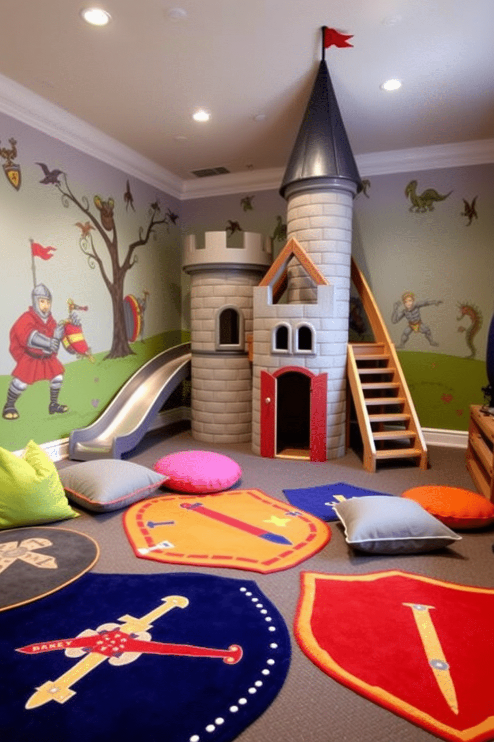 A whimsical castle playroom designed for imaginative exploration. The walls are adorned with mural paintings of knights and dragons, and a turret-style playhouse stands in one corner, complete with a slide and climbing wall. Brightly colored rugs in the shape of shields and swords cover the floor, creating a vibrant play area. Soft seating in the form of oversized cushions invites children to gather and engage in storytelling adventures.