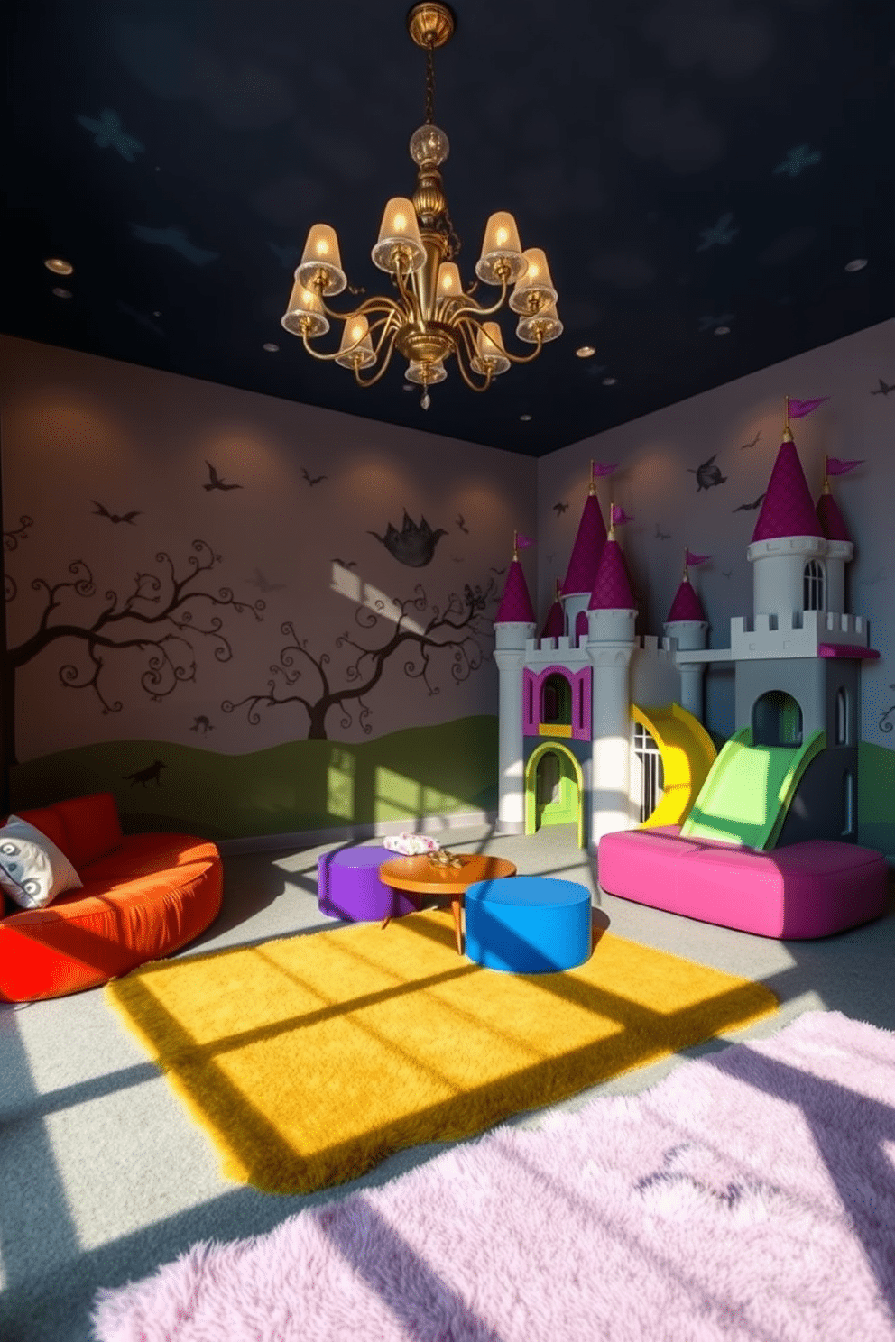 Dramatic lighting casts enchanting shadows across the room, illuminating whimsical fairy tale motifs that adorn the walls and ceiling. Plush seating in vibrant colors invites children to immerse themselves in a world of imagination, while a grand chandelier adds a touch of magic overhead. The playroom features a castle-themed play structure, complete with turrets and slides, encouraging adventurous play. Soft, textured rugs in pastel hues create cozy nooks for storytelling and creative activities throughout the space.