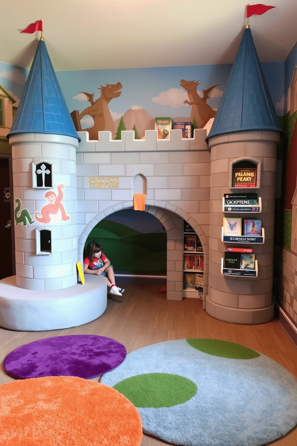 A whimsical castle-themed game area designed for children, featuring turrets and a drawbridge entrance. The walls are adorned with vibrant murals of knights and dragons, while plush seating shaped like castle towers invites playful relaxation. A variety of board games are displayed on custom-built shelves resembling castle battlements, encouraging family and friends to gather for fun. Soft, colorful rugs resembling grassy meadows cover the floor, providing a cozy space for playing games and storytelling.