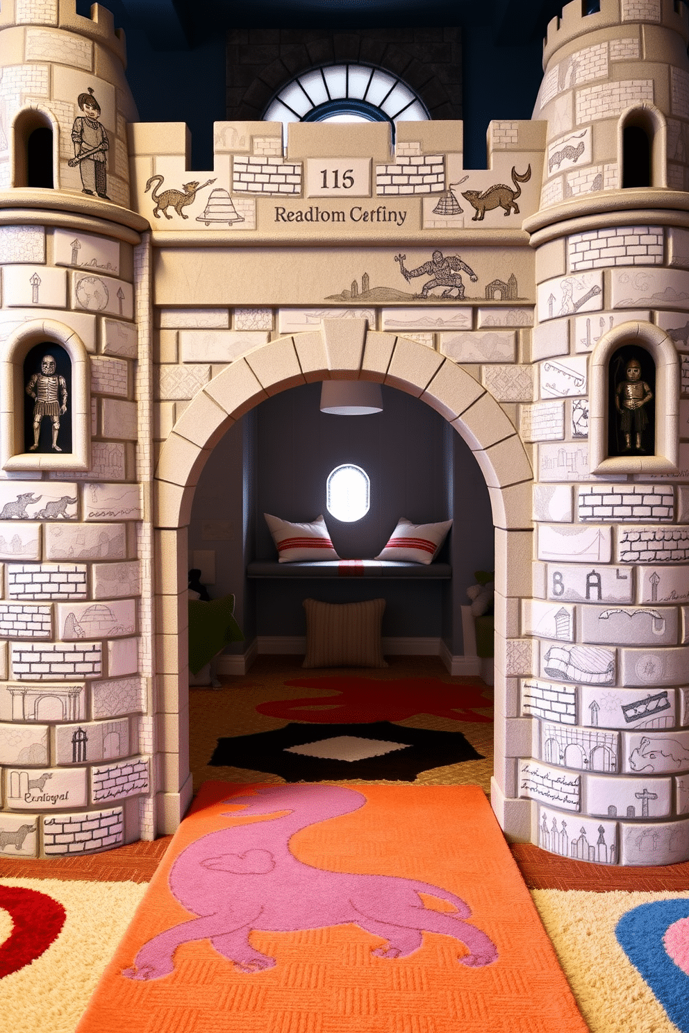 A whimsical playroom designed like a castle, featuring a drawbridge entrance that opens to a spacious area filled with soft, colorful rugs. The walls are adorned with mural paintings of knights and dragons, while a cozy reading nook with plush cushions sits beneath a turret-style window.