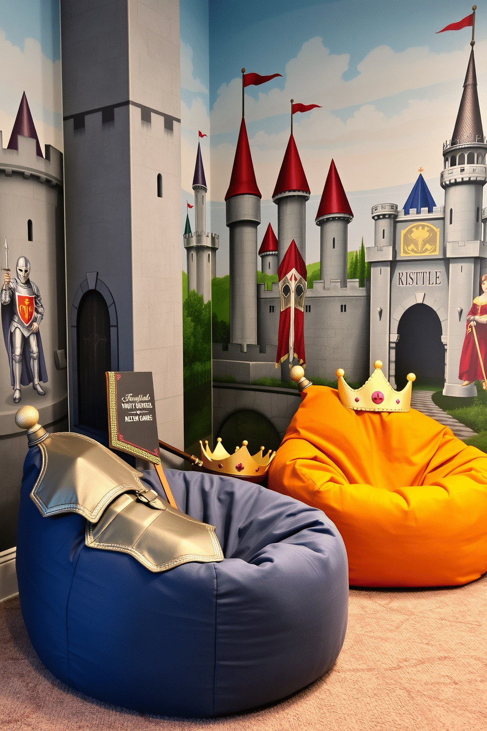 A whimsical seating area designed for a castle-themed playroom, featuring oversized bean bags styled like medieval armor and royal crowns. The walls are adorned with mural paintings of castles and knights, creating an enchanting atmosphere for children to enjoy.