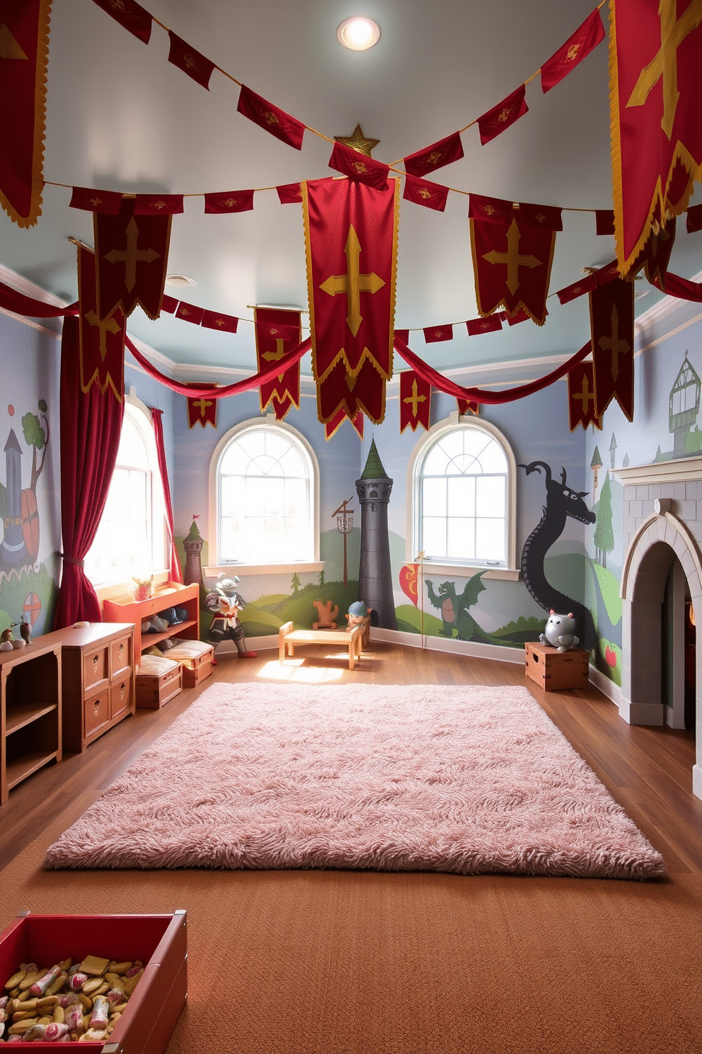 A whimsical castle playroom filled with vibrant colors and medieval flair. Medieval banners in rich hues of red and gold hang gracefully from the ceiling, creating a festive atmosphere. The walls are adorned with playful murals of knights and dragons, inspiring imagination and adventure. A large, plush play area features a soft, patterned rug, inviting children to engage in creative play.