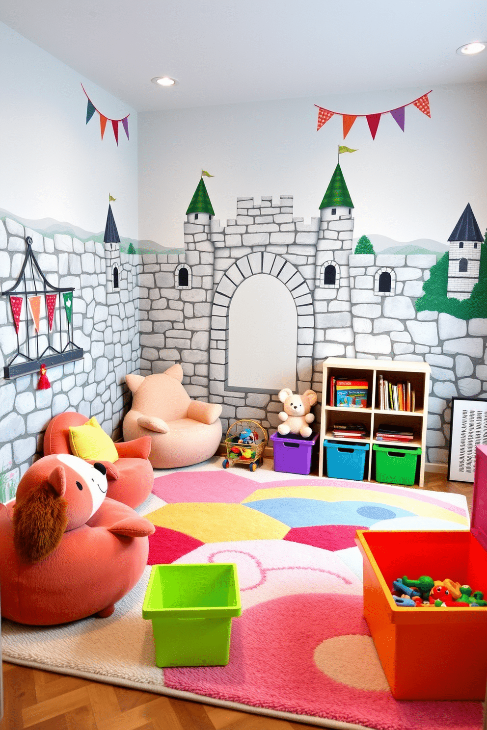 A whimsical playroom featuring stone wall decals that create a charming castle vibe. The decor includes plush seating in the shape of whimsical animals and a soft, colorful rug that resembles a magical landscape. The walls are adorned with mural elements of turrets and banners, enhancing the castle theme. Brightly colored storage bins are scattered throughout, filled with toys and books, inviting creativity and play.