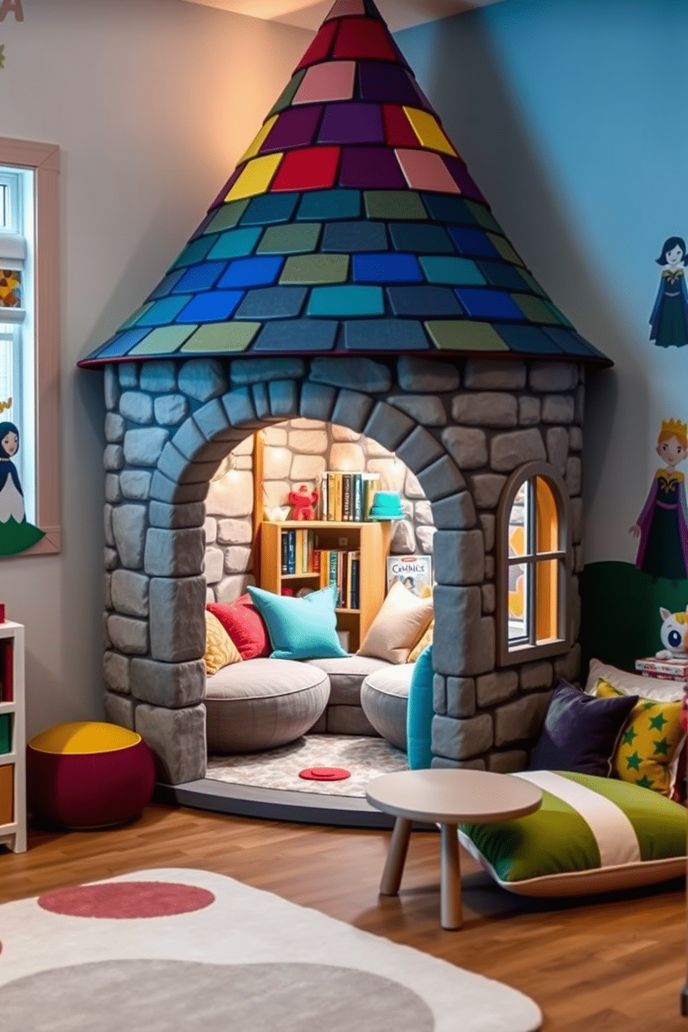 A whimsical castle turret playhouse is nestled in the corner of a spacious playroom, featuring stone-like walls and a colorful, pointed roof. Inside, the playhouse is adorned with plush seating, fairy lights, and a small bookshelf filled with storybooks, creating a magical retreat for children. The playroom is designed with vibrant colors and playful decor, including a soft area rug and wall art depicting knights and princesses. A cozy reading nook with oversized cushions and a miniature table invites imaginative play and storytelling adventures.