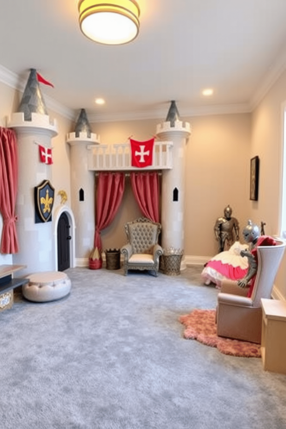 A whimsical playroom designed for a knight and princess theme. The space features a castle-like structure with turrets and banners, creating an enchanting atmosphere for imaginative play. Soft, plush carpets in royal colors provide a comfortable area for children to sit and play. Decorative elements include a throne for the princess and a knight's armor stand, enhancing the fantasy experience.