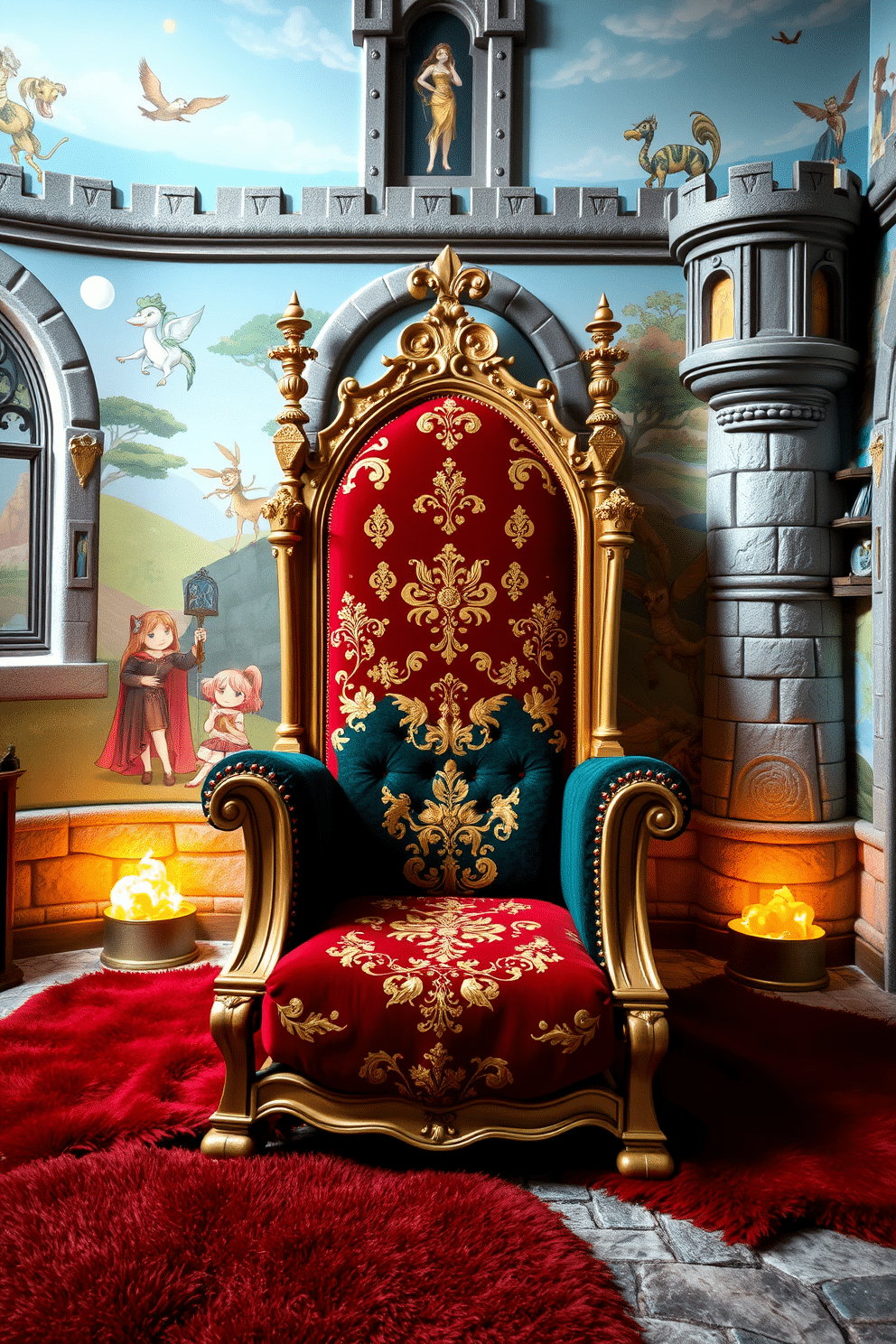 A grand castle playroom featuring a royal throne chair, upholstered in rich velvet with intricate gold embroidery. The room is adorned with whimsical wall murals depicting fairy tale scenes, and plush rugs cover the stone floor, creating a cozy atmosphere for storytelling sessions.