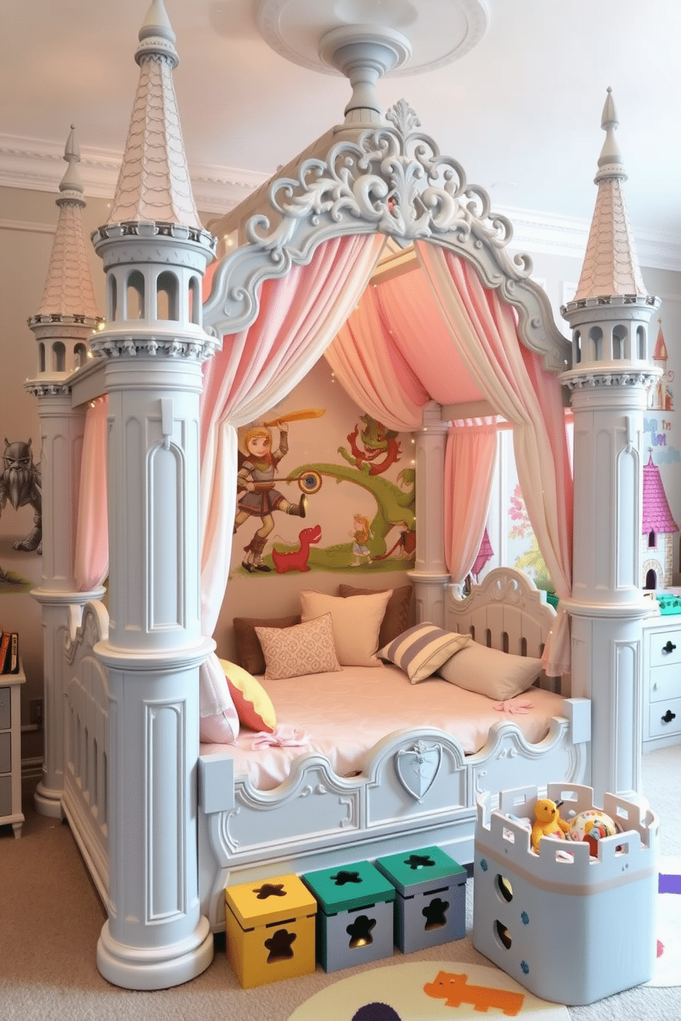 A whimsical fantasy castle bed with a grand canopy top, adorned with intricate carvings and pastel-colored fabrics. The bed is surrounded by soft, plush cushions and fairy lights, creating a magical sleeping space for children. A vibrant playroom designed as a miniature castle, featuring turret-like structures and colorful wall murals of knights and dragons. The room includes a soft play area with foam blocks, a reading nook with a storybook theme, and plenty of storage for toys in whimsical, castle-shaped bins.