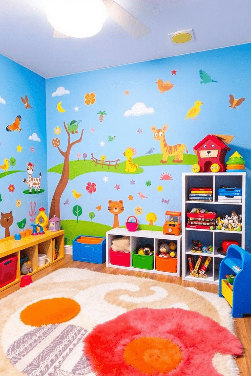 A vibrant children's playroom filled with bright and colorful wall decals depicting playful animals and whimsical scenes. The space features a soft, plush rug in cheerful hues, with a variety of toys neatly organized in open shelving units.