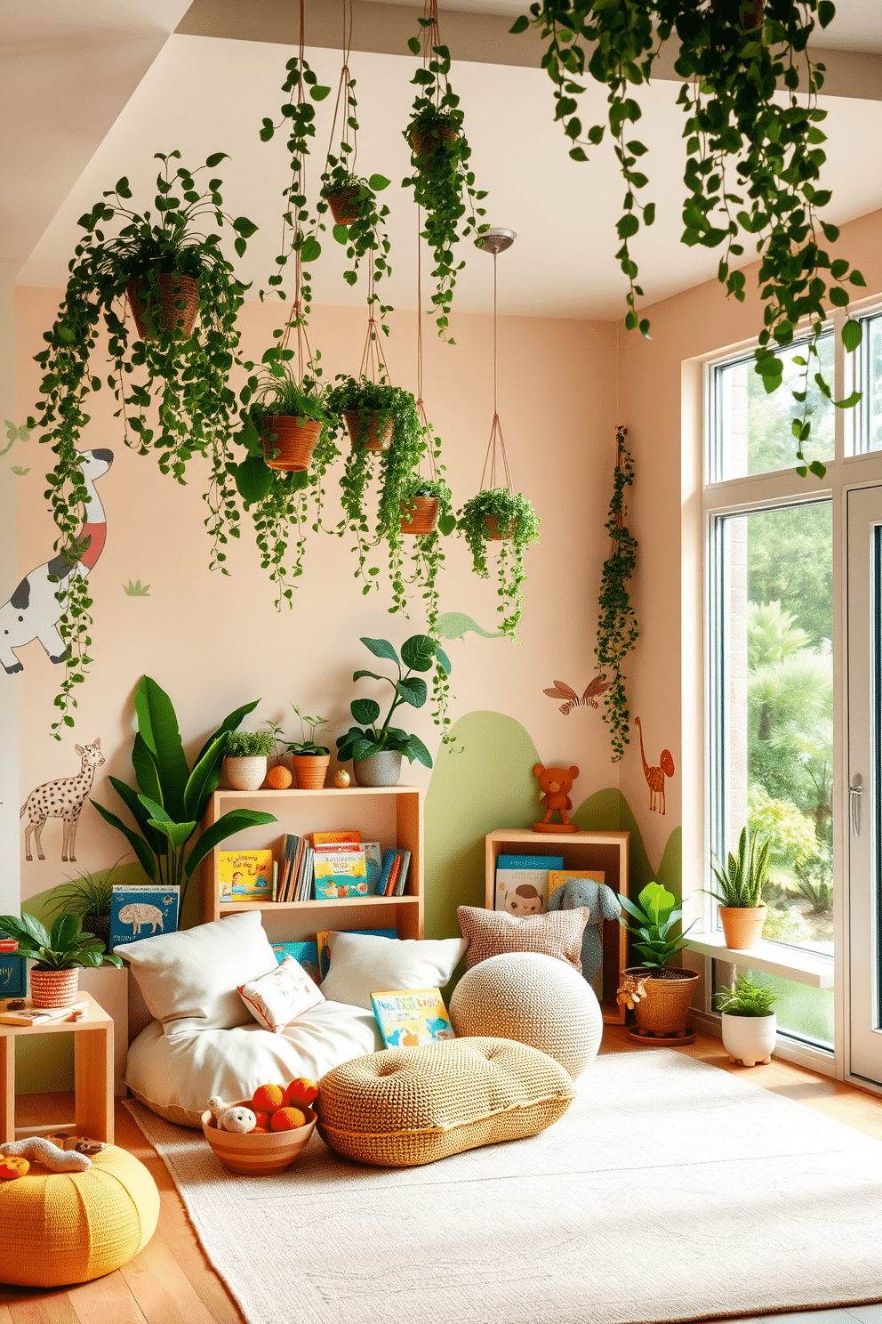 A vibrant children's playroom filled with nature-inspired decor. The walls are painted in soft pastel colors, featuring playful animal murals, and large windows allow natural light to flood the space. In one corner, a cozy reading nook is adorned with plush cushions and a small bookshelf filled with colorful storybooks. Potted plants and hanging greenery add a fresh touch, creating a lively atmosphere for creativity and play.