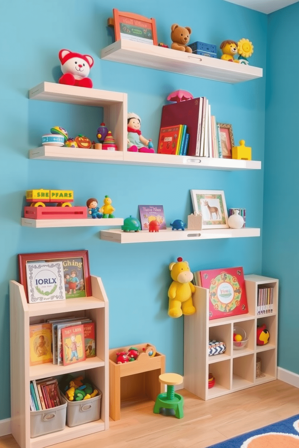 A vibrant children's playroom featuring wall-mounted shelves filled with colorful toys and books. The shelves are crafted from light wood, and the walls are painted in a cheerful sky blue, creating an inviting atmosphere for play and learning.