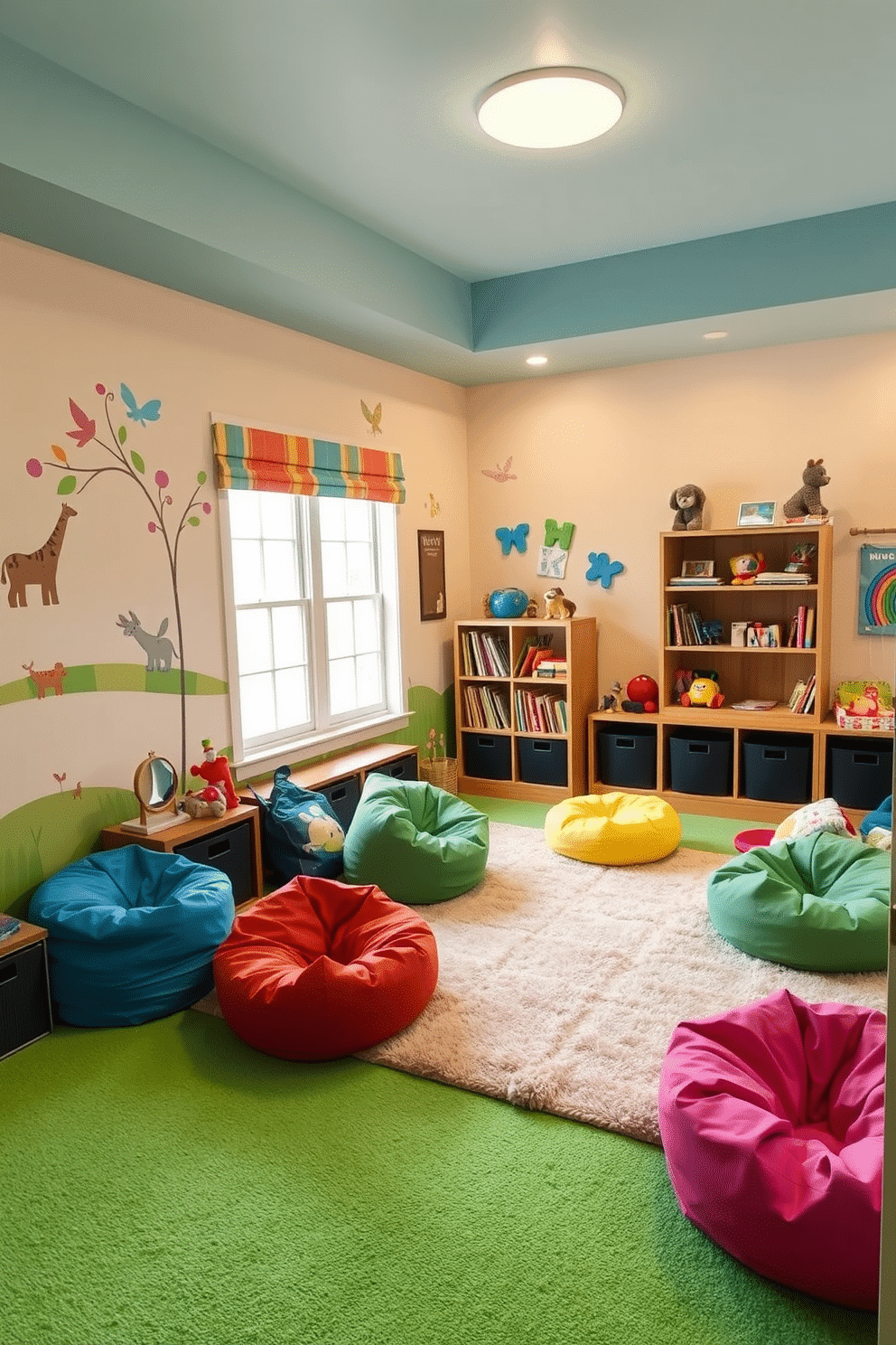 A cozy children's playroom filled with vibrant colors and playful decor. The room features a soft, plush carpet in a bright hue, and walls adorned with whimsical murals of animals and nature. In one corner, a sturdy wooden bookshelf is filled with colorful books and toys, while a large, cushioned play area is surrounded by bean bags in various shapes. Under the windows, there are stylish storage bins for organizing toys, ensuring a tidy and inviting space for creative play.