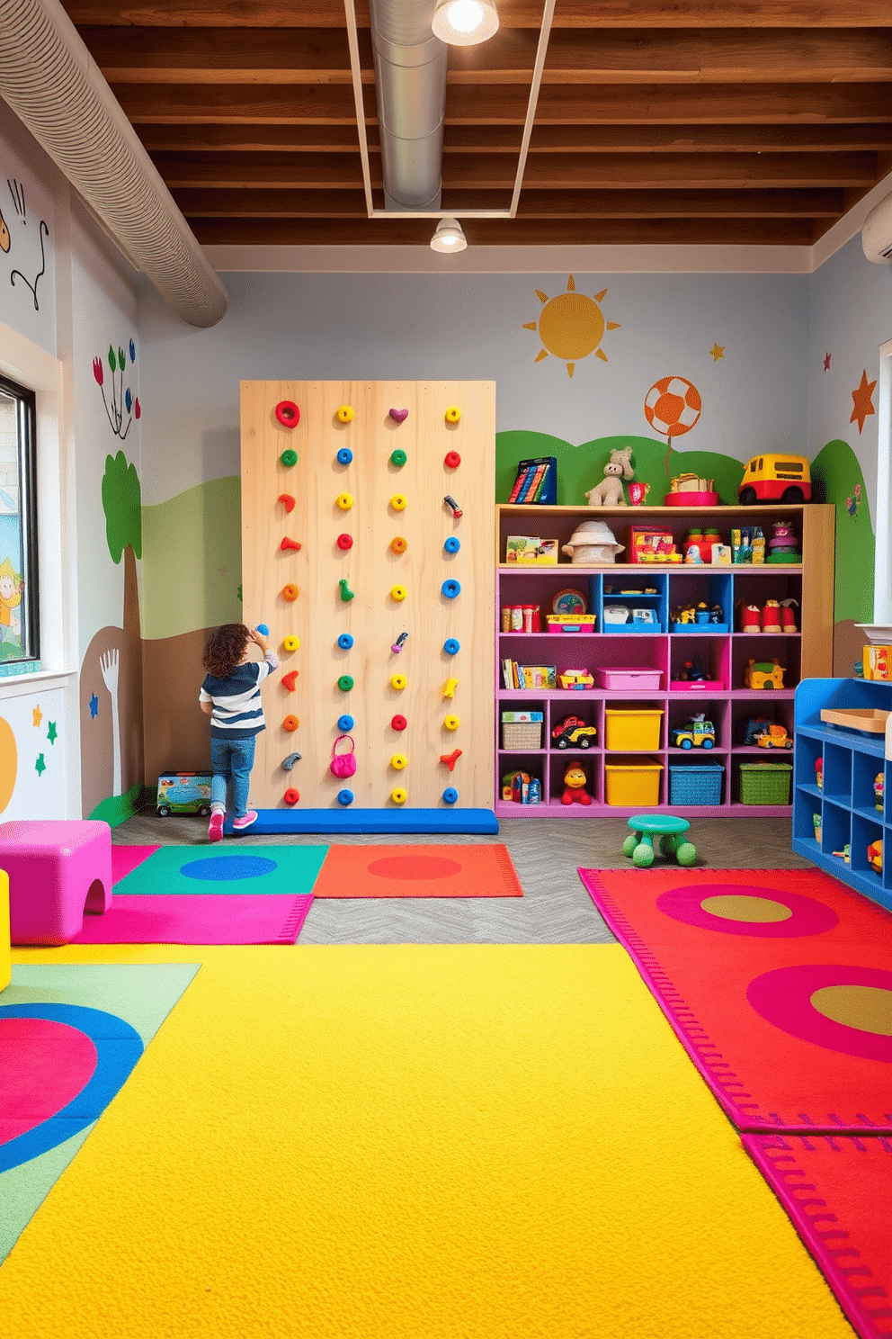 A vibrant children's playroom filled with joy and creativity. The space features a small climbing wall with colorful holds, encouraging active play and exploration. Brightly colored rugs cover the floor, providing a soft area for play. Walls adorned with playful murals and shelves filled with toys create an inviting atmosphere.