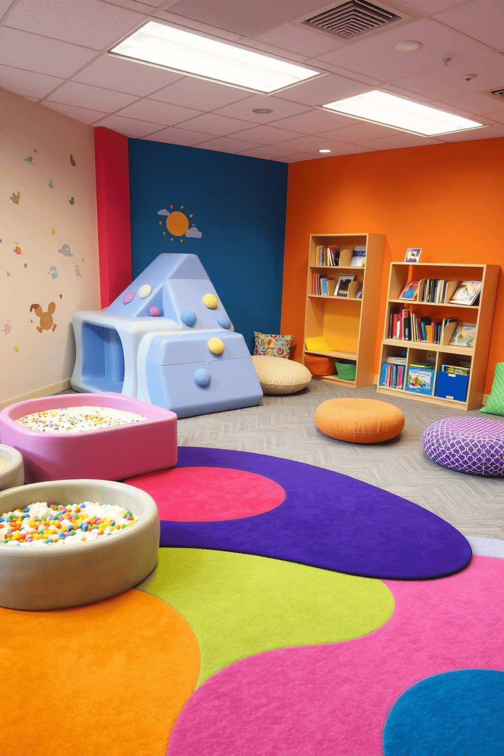 A vibrant sensory play area designed for children, featuring a soft, colorful rug with different textures to stimulate tactile exploration. The walls are painted in cheerful hues, adorned with playful wall decals, and there are various sensory bins filled with materials like sand, water beads, and textured fabrics. In one corner, a climbing structure made of soft foam provides a safe space for physical activity, while nearby, a cozy reading nook is created with bean bags and shelves filled with engaging books. Brightly colored cushions and interactive wall panels enhance the playful atmosphere, inviting children to explore and engage their senses.