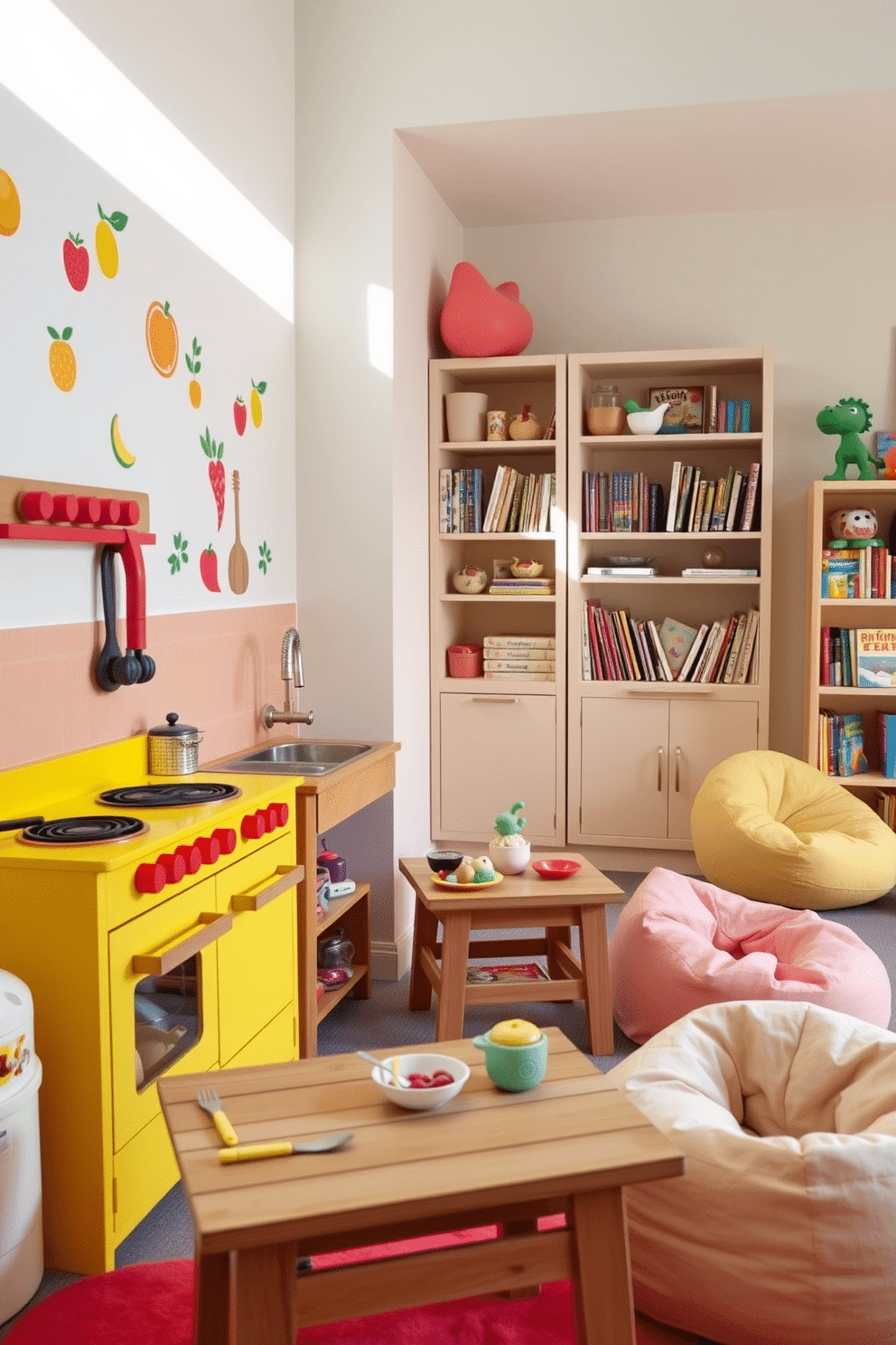 A whimsical play kitchen designed for imaginative cooking games, featuring a bright yellow play stove with red knobs and a wooden sink. The walls are adorned with colorful decals of fruits and vegetables, and a small wooden table is set up with miniature cooking utensils and pretend food. A vibrant children's playroom filled with soft, plush furnishings and interactive toys. The space is painted in cheerful pastel colors, with a cozy reading nook complete with bean bags and a bookshelf overflowing with storybooks.