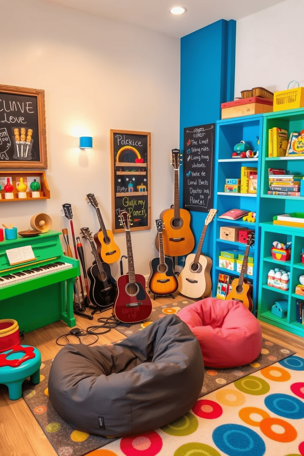 A vibrant musical instruments corner designed for sound exploration. The space features a colorful array of instruments including a piano, guitars, and percussion instruments, all arranged around a cozy rug with playful patterns. A whimsical children's playroom filled with engaging design ideas. The room includes a soft play area with bean bags, a chalkboard wall for creativity, and shelves stocked with toys and books in bright, cheerful colors.