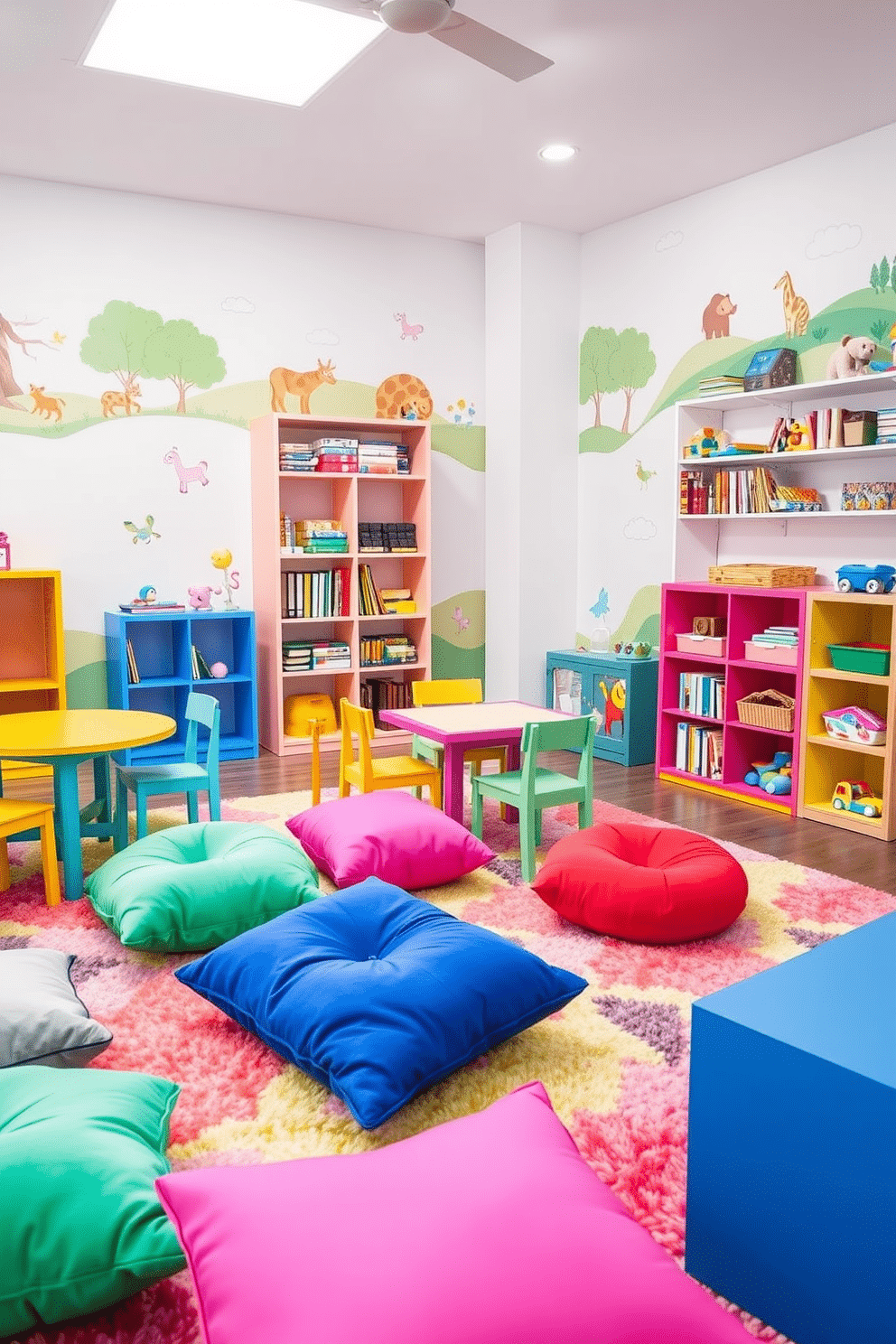 Brightly colored furniture creates a playful atmosphere in a children's playroom. The space features a mix of vibrant chairs and tables, along with soft, oversized cushions scattered on a plush, colorful rug. The walls are adorned with cheerful murals of animals and landscapes, adding to the whimsical feel. Shelves filled with toys and books are strategically placed for easy access, ensuring a fun and engaging environment for kids.