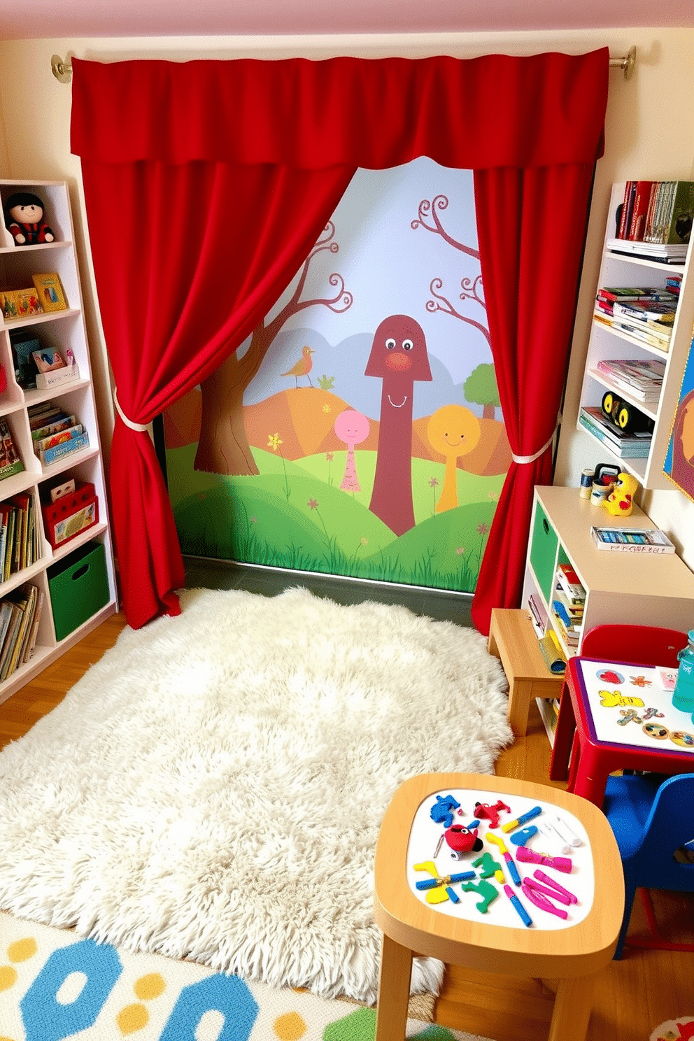 A whimsical puppet theater designed for storytelling and play, featuring a vibrant red curtain that can be drawn open to reveal a charming stage. The backdrop is painted with a whimsical forest scene, and colorful puppets are neatly arranged on shelves nearby, inviting children to engage their imaginations. A cozy children's playroom designed with bright colors and playful patterns, showcasing a soft, oversized rug in the center for comfort. Shelves filled with books and toys line the walls, while a small table with art supplies encourages creativity and interactive play.