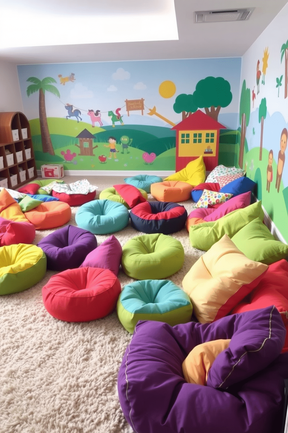 A vibrant children's playroom filled with colorful floor cushions in various shapes and sizes, providing flexible seating options for playtime. The walls are adorned with playful murals, and a soft, plush rug covers the floor, creating a cozy and inviting atmosphere for kids to enjoy.