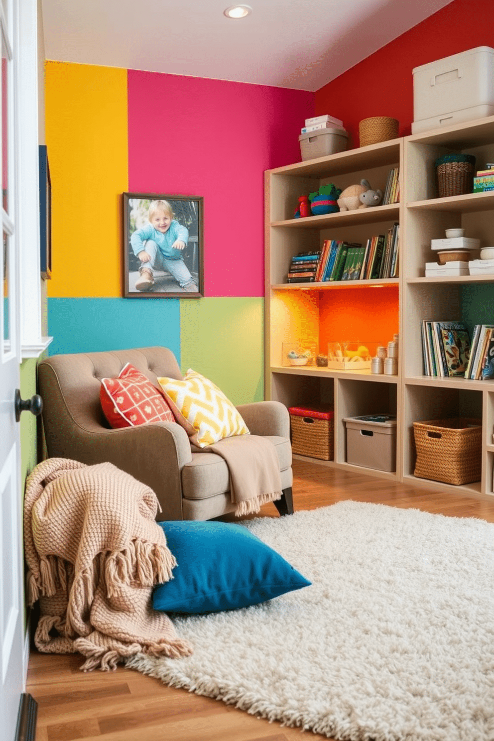 Cozy reading nook with cushions. A plush armchair is nestled in the corner, surrounded by colorful throw pillows and a soft blanket draped over the side. Children's Playroom Design Ideas. The room features vibrant wall colors, with a large, soft rug in the center, and shelves filled with toys and books for easy access.