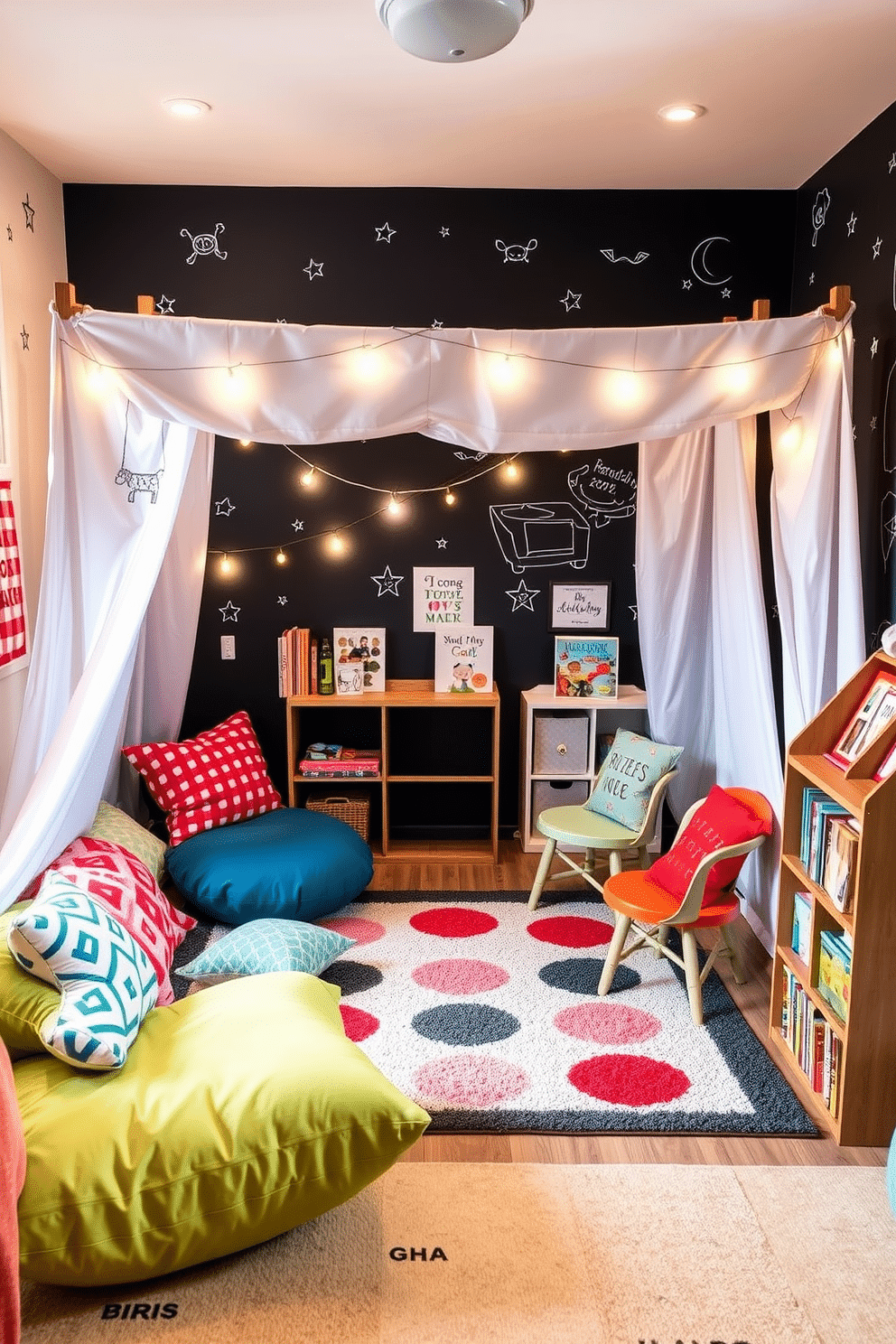 A cozy children's playroom designed for imaginative play features a variety of DIY fort-building supplies, including colorful blankets, sturdy cushions, and lightweight chairs. Soft, warm lighting enhances the inviting atmosphere, while a playful rug adds comfort and a pop of color to the space. The walls are adorned with whimsical decals and chalkboard paint, encouraging creativity and self-expression. A designated corner for art supplies and a small bookshelf filled with storybooks inspire endless adventures and learning opportunities.