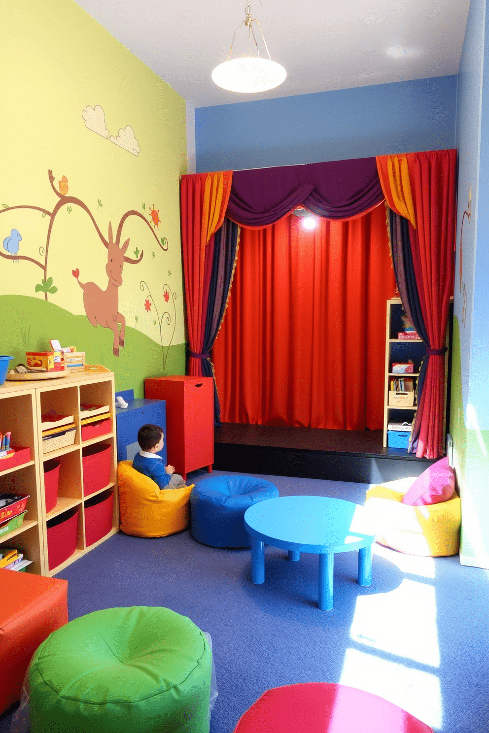 A vibrant children's playroom features a mini stage designed for performances, complete with colorful curtains and a small spotlight. The walls are adorned with playful murals depicting whimsical scenes, while soft, cushioned flooring provides a safe space for children to play and explore. Brightly colored furniture, including bean bags and low tables, encourages creativity and collaboration among young ones. Shelves filled with toys, books, and art supplies are easily accessible, promoting a fun and engaging environment for imaginative play.