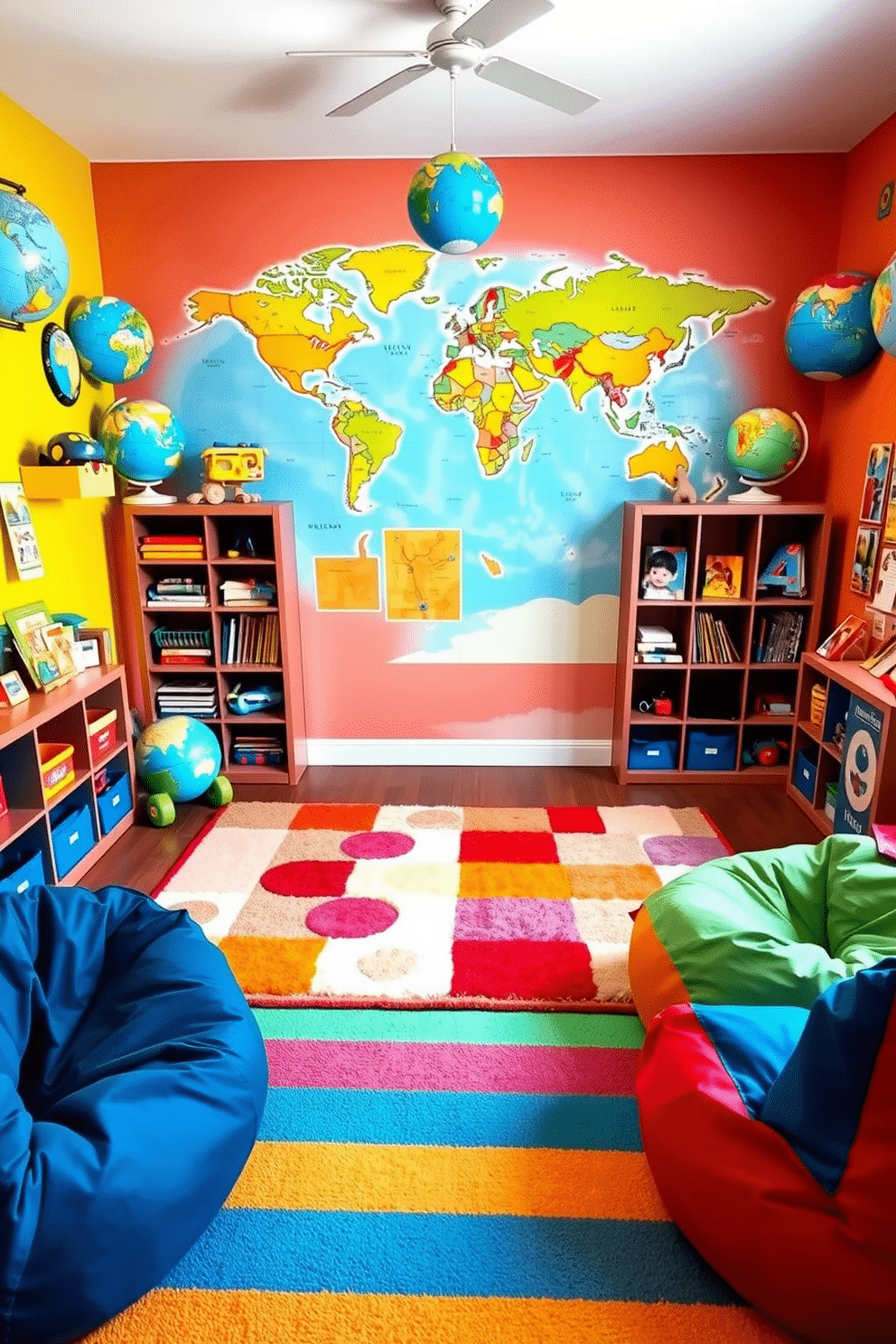 A vibrant children's playroom filled with interactive globes and maps. The walls are painted in cheerful colors, featuring a large world map mural that sparks curiosity and exploration. In the center, a soft, colorful rug provides a comfortable area for play. Shelves are stocked with educational toys and books, while a cozy reading nook is created with bean bags and a small bookshelf.