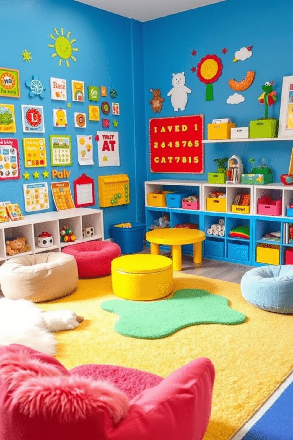 A vibrant children's playroom features a magnetic wall painted in a cheerful blue, adorned with colorful educational games and interactive activities. Soft, plush rugs in various shapes cover the floor, creating a cozy area for play and exploration. The room is filled with bright, playful furniture, including bean bags and low tables, encouraging creativity and collaboration. Shelves are stocked with books and toys, while whimsical wall art adds a touch of fun and inspiration to the space.