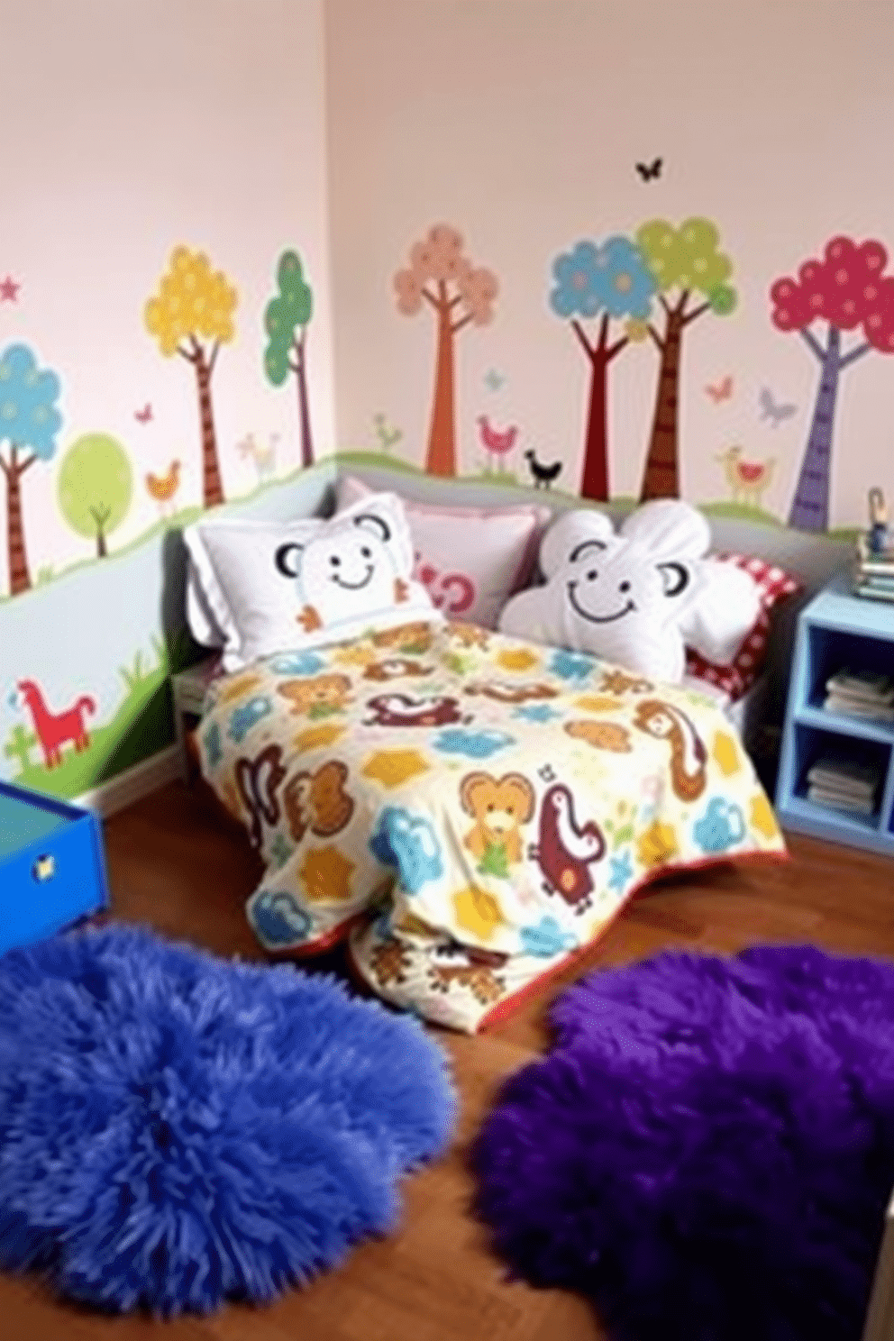 A whimsical playroom nap area featuring themed bedding with bright colors and playful patterns. The bedding includes a cozy quilt adorned with cartoon animals, paired with fluffy pillows shaped like clouds and stars. Surrounding the nap area, the walls are painted in a cheerful pastel hue, and colorful wall decals of trees and animals create an inviting atmosphere. Soft, plush rugs in vibrant colors are scattered on the floor, providing a comfortable space for children to relax and play.