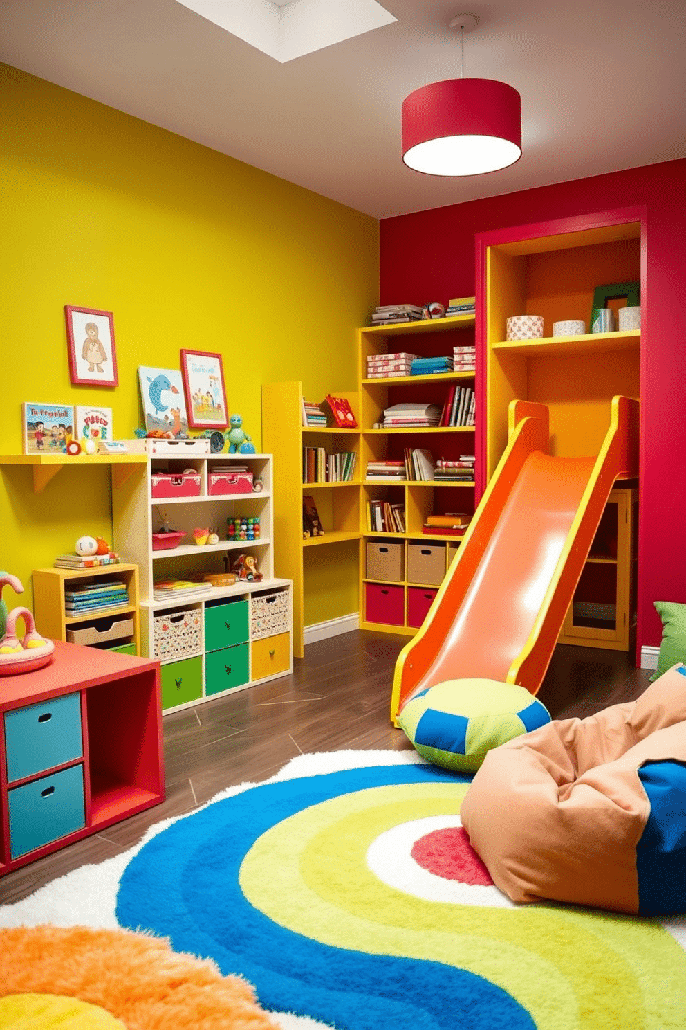 A vibrant children's playroom filled with colorful furniture and playful decor. The walls are painted in bright primary colors, and a small slide is installed in the corner for added fun and excitement. Soft, plush rugs cover the floor, providing a comfortable area for kids to sit and play. Shelves are filled with toys and books, while a cozy reading nook is created with oversized cushions and bean bags.