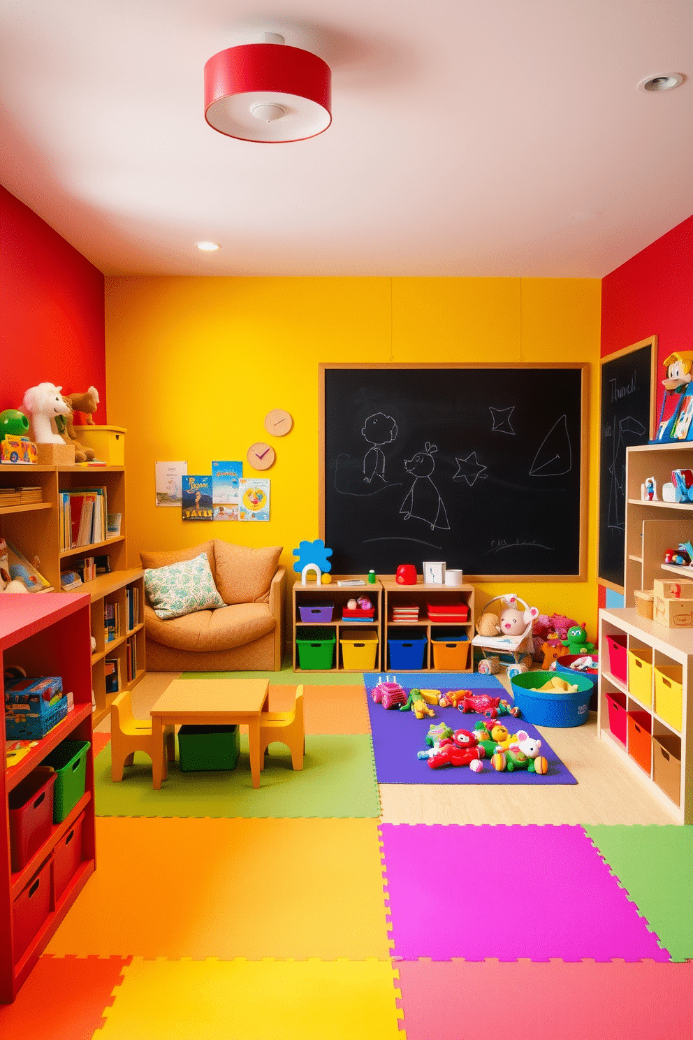 A vibrant children's playroom filled with colorful furniture and playful decor. The walls are painted in bright primary colors, and large, soft play mats cover the floor for comfort and safety. In one corner, there is a cozy reading nook with oversized cushions and a bookshelf filled with children's books. A large chalkboard wall invites creativity, while a variety of toys are neatly organized in colorful bins throughout the space.